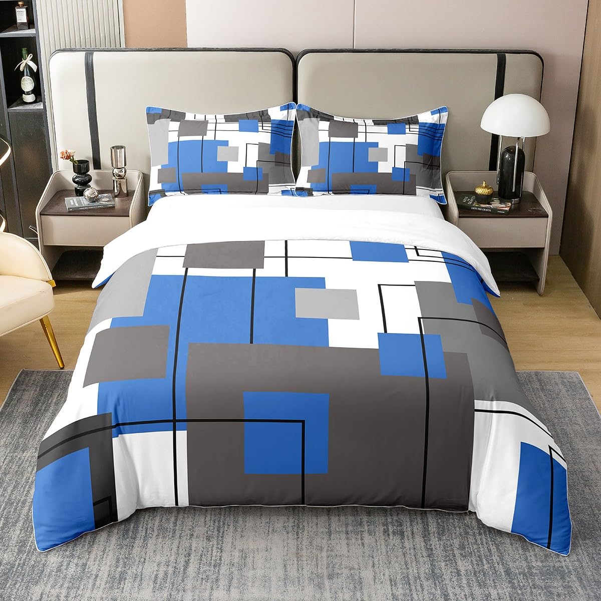 100% Cotton Teen Boys Blue Square Bedding Set Double Black Grey Geometric Square Duvet Cover Black Striped Comforter Cover for Kids Modern Abstract Bed Set Simple Bedroom Decor 2 Pillow Cases