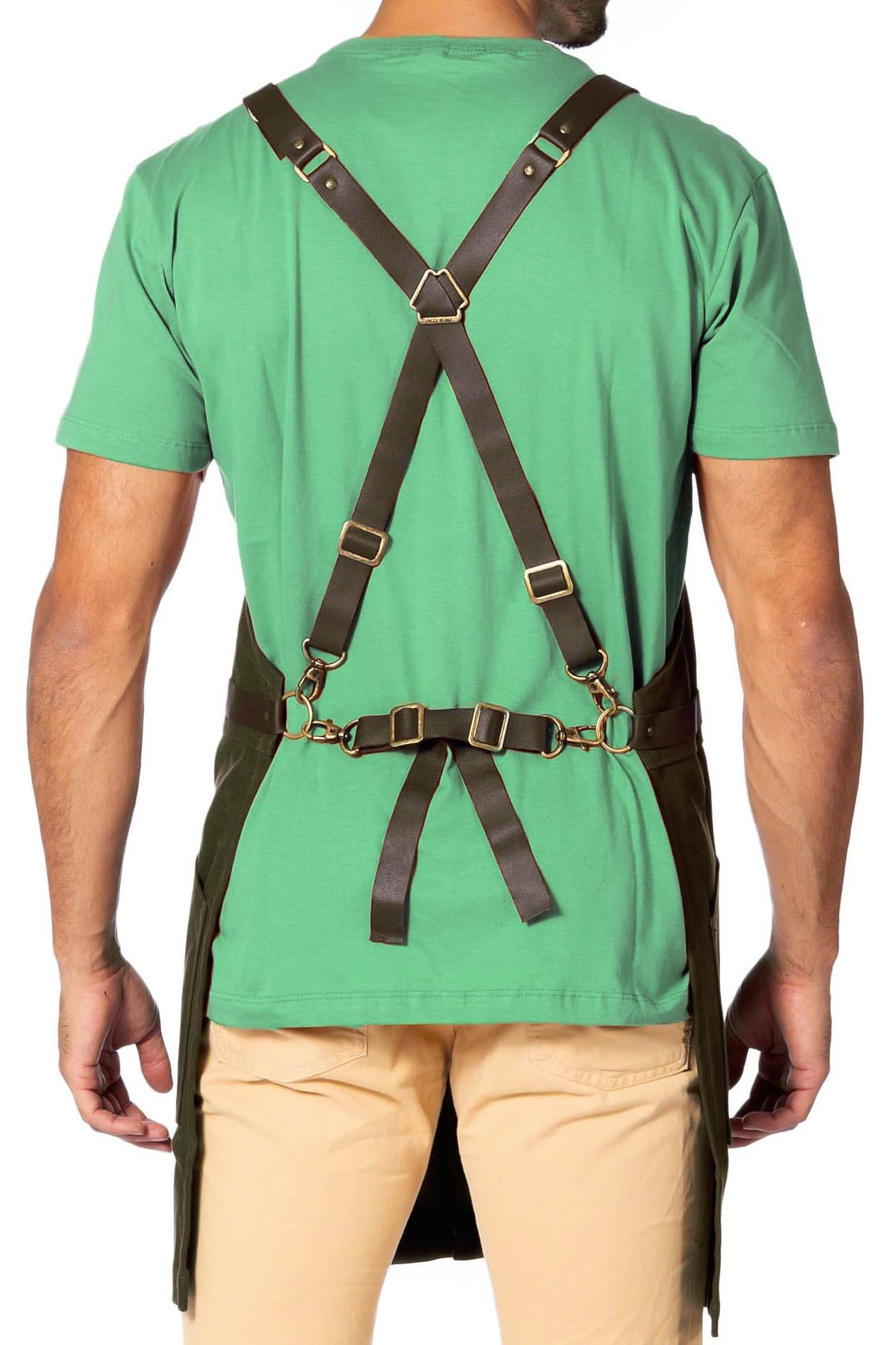 Under NY Sky Delantal con Correas de Espalda y Cintura de Cuero - Lona Encerada Verde Profesional - Cierre Fácil - Multi Bolsillos - Hombres, Mujeres, Carpintero, Mecánico, Herramienta, Taller, Tienda