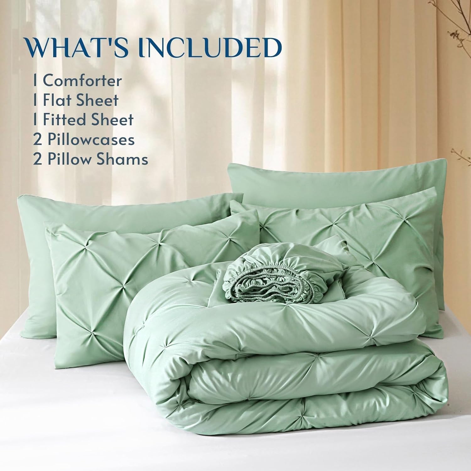 JOLLYVOGUE Queen Comforter Set 7 Pieces - Bed in a Bag Queen for All Season, Pintuck Bedding Comforter Sets with Comforter, Flat Sheet, Fitted Sheet and Pillowcases & Shams, Sage Green - Image 5