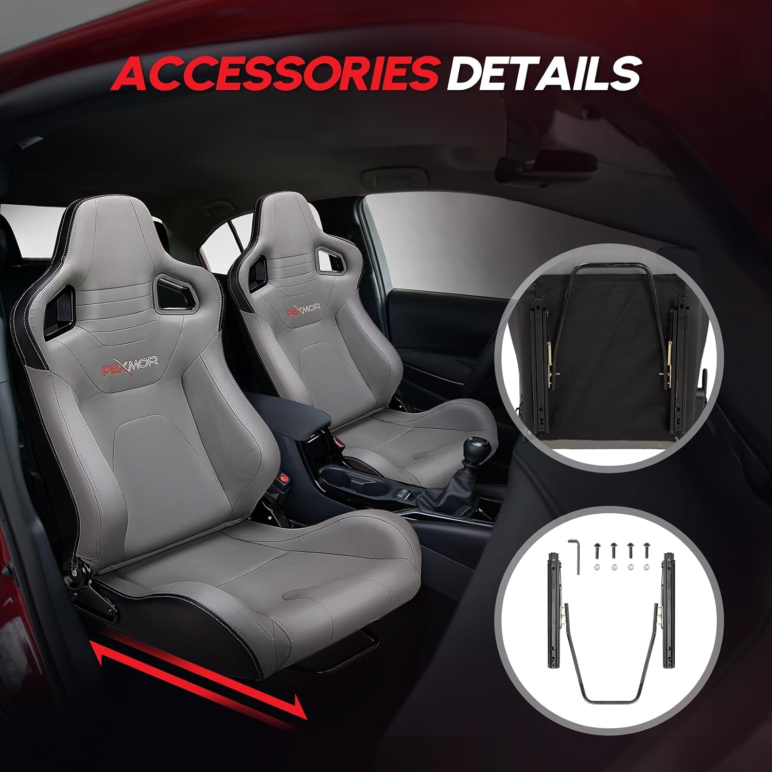 PEXMOR 2 Pcs Reclinable Universal Racing Bucket Seats w/Dual Slider, PU & Carbon Leather Adjustable Race Seats for Cars, Driver and Passenger Side, 21.5" W X 21.5" D X 38"H
