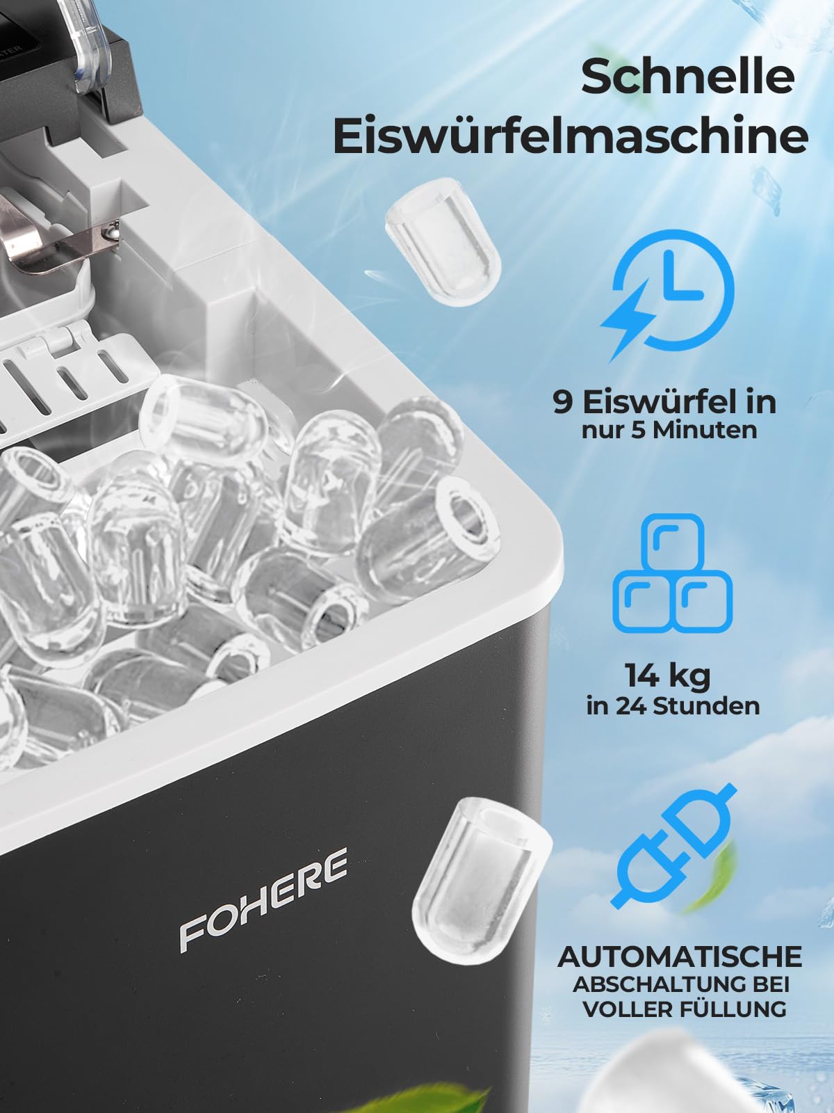 FOHERE Eiswürfelmaschine 14kg/24Std 9 Bullet Eiswürfel in 5 Minuten 2 Größen Selbstreinigend Tragbar