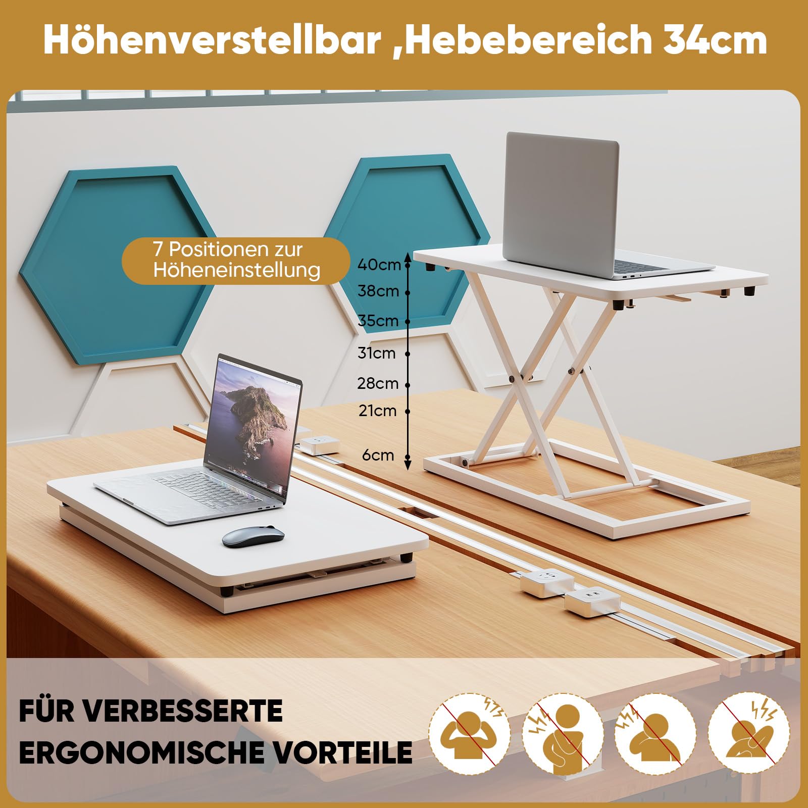 Weiß Höhenverstellbarer Stehpult Konverter,34 * 60cm Steh-Sitz Schreibtisch,Ultradünne Schreibtischkonverter, Laptop stehschreibtisch aufsatz,Geeignet für Büro, Arbeitszimmer, Wohnzimmer