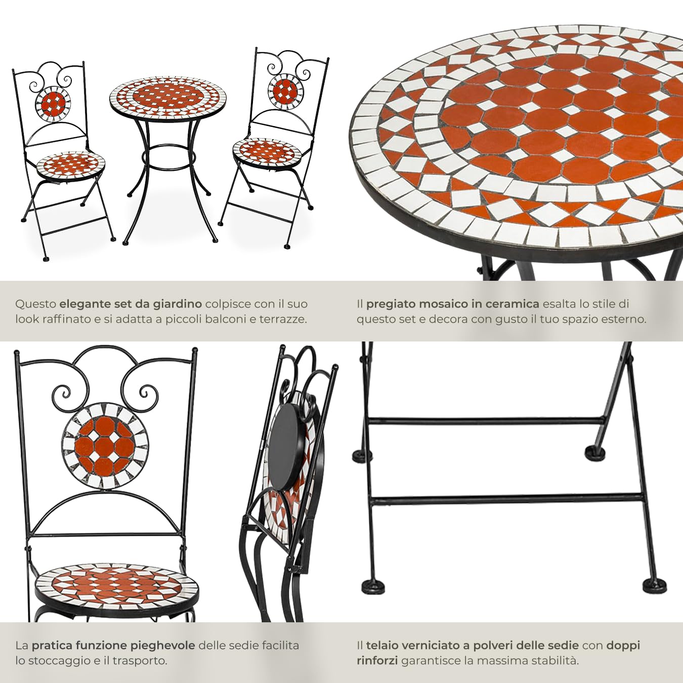 tectake Set da Giardino con Lavorazione a Mosaico, Tavolino e Sedie Pieghevoli, Telaio in Metallo, Marrone