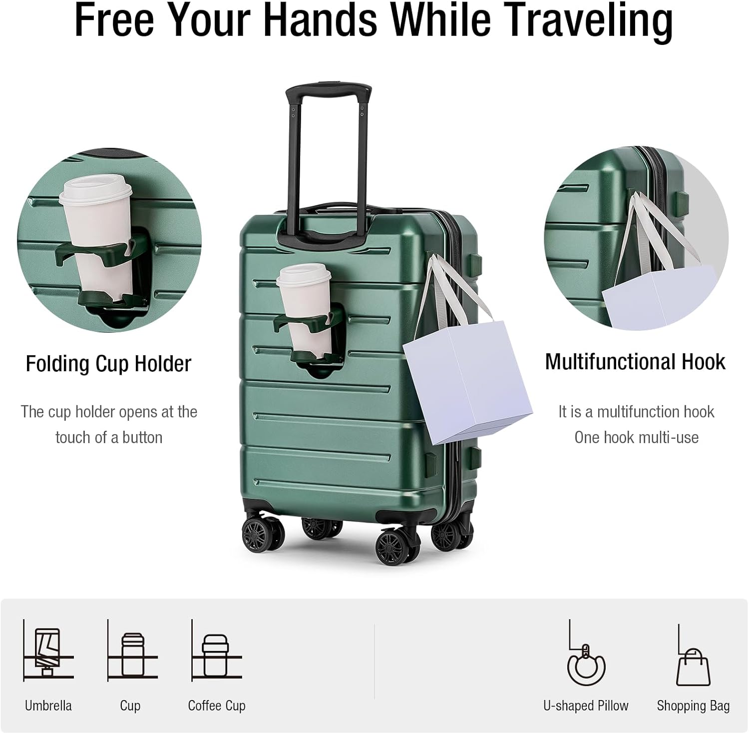 KYME Carry On Luggage 22x14x9 Airline Approved Hardshell Carry On Suitcases with Wheels Travel Rolling 20 Inch Luggage with Cup Holder for Men Women,Carry-on Green - Image 2