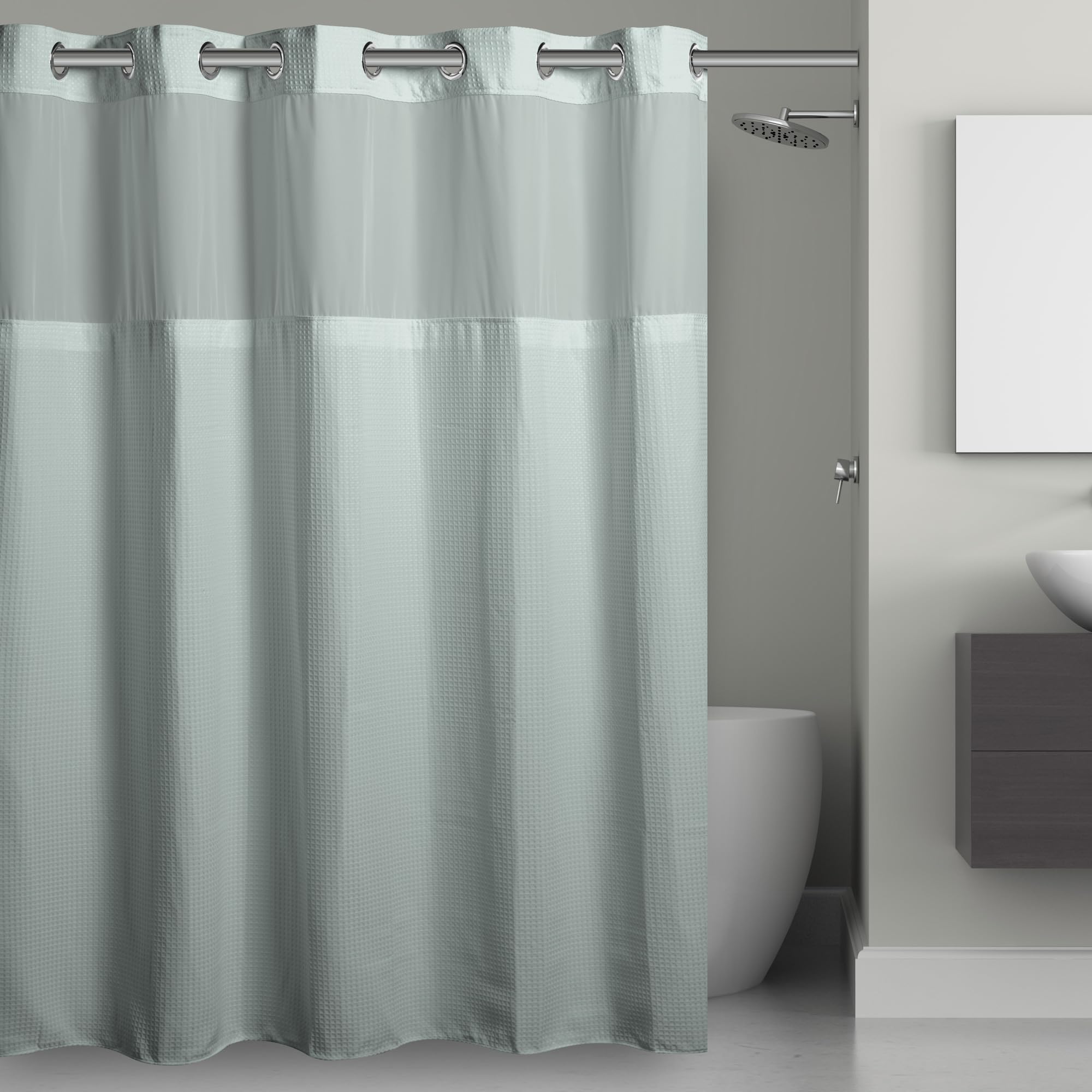 Hookless Hangis in Seconds Waffle Fabric Shower Curtain (71 x 74, Misty Blue), W 71" x L 74" (1 Panels)