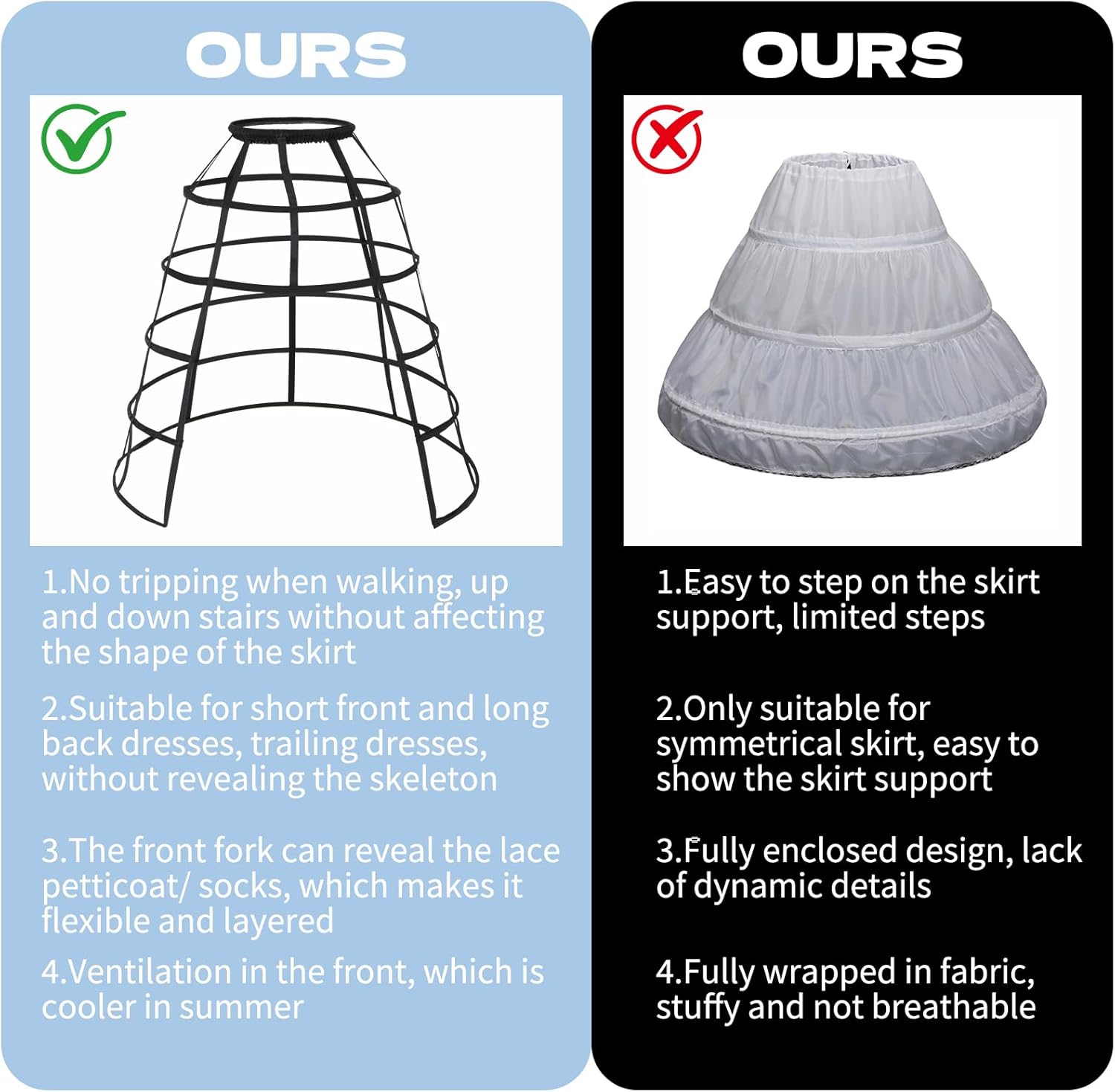 Women Victorian Petticoat Hoop Skirt, Hollow Split-front Cage Crinoline, Walk-Friendly Tiered Hoop Frame Skirt Support with Adjustable Waist for Balls, Wedding & Lolita/Steampunk Style Cosplay Black - Image 3