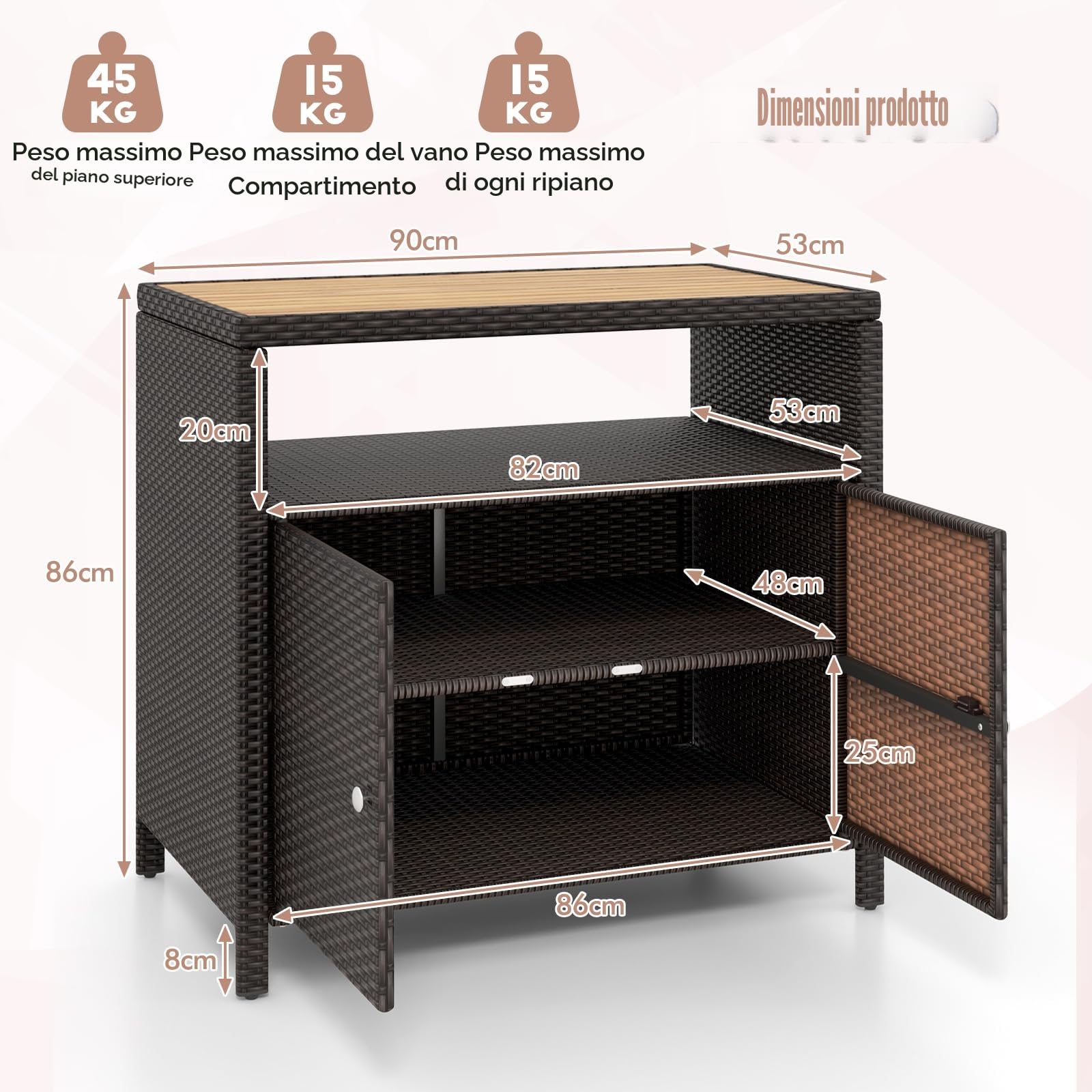 KOMFOTTEU Armadio da Esterno Impermeabile in Rattan 90x53x86 cm Marrone