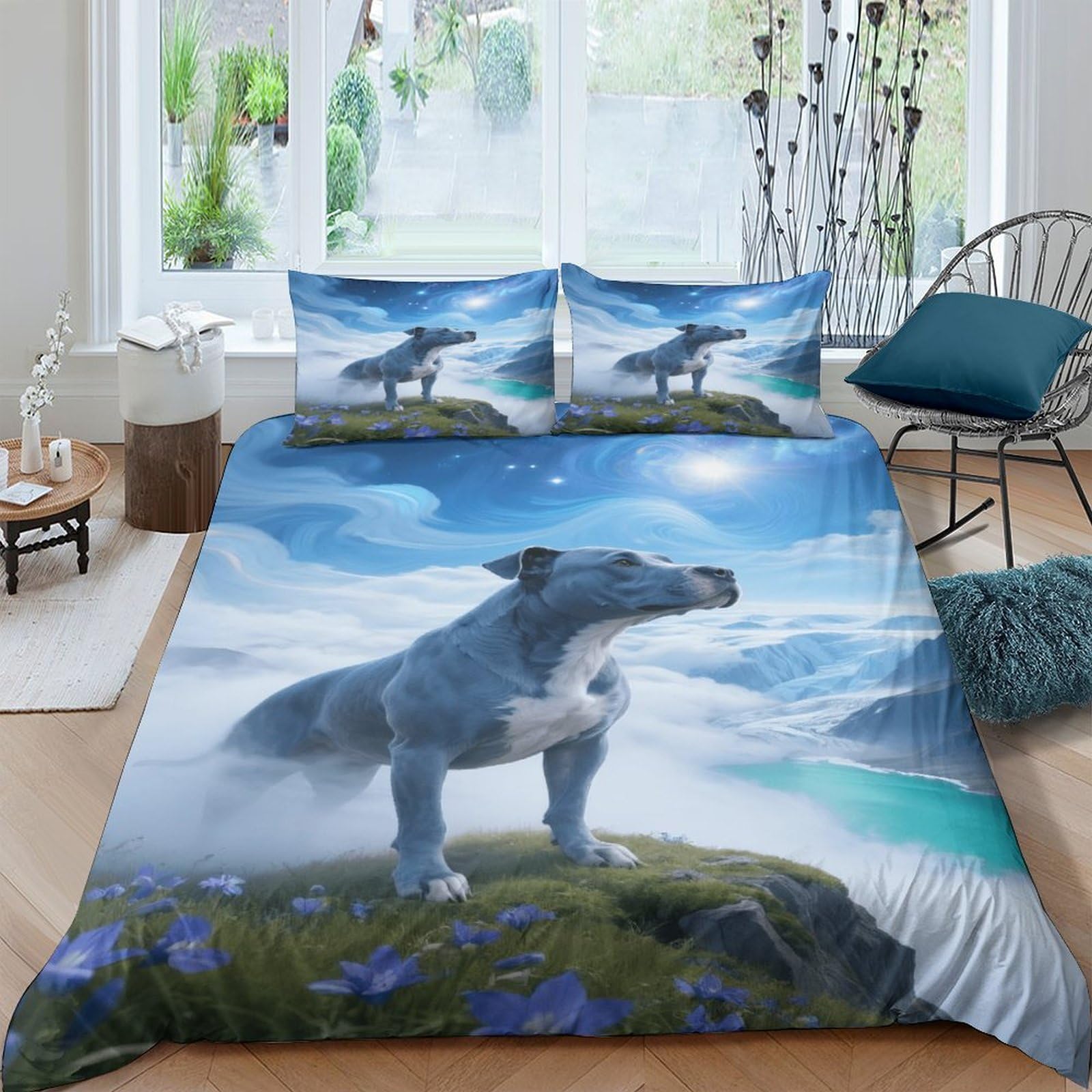 EMYXPAQM Staffordshire Bull Terrier Duvet Cover Set 3D Dog Mountain Top Design Bedding Sets Soft Polyester Comforter Cover with Hidden Zipper & Pillowcase for Kids Adults King（220x240cm）
