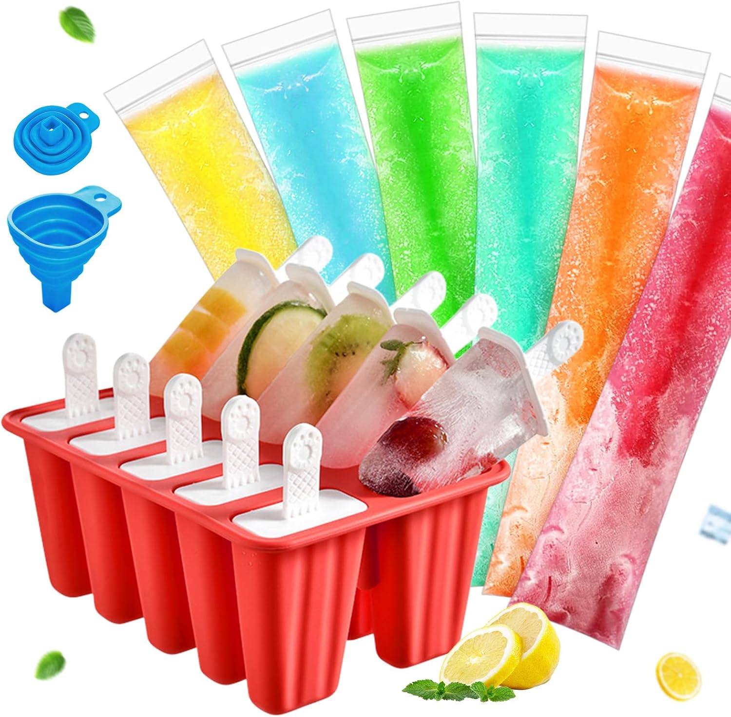 Silicone Popsicle Molds,BPA Free Reusable Ice Pop Molds with Popsicle Sticks,100 Disposable Popsicle Bags & Funnel,Easy Release Homemade Frozen Treat Maker (Red, 10-Cav)