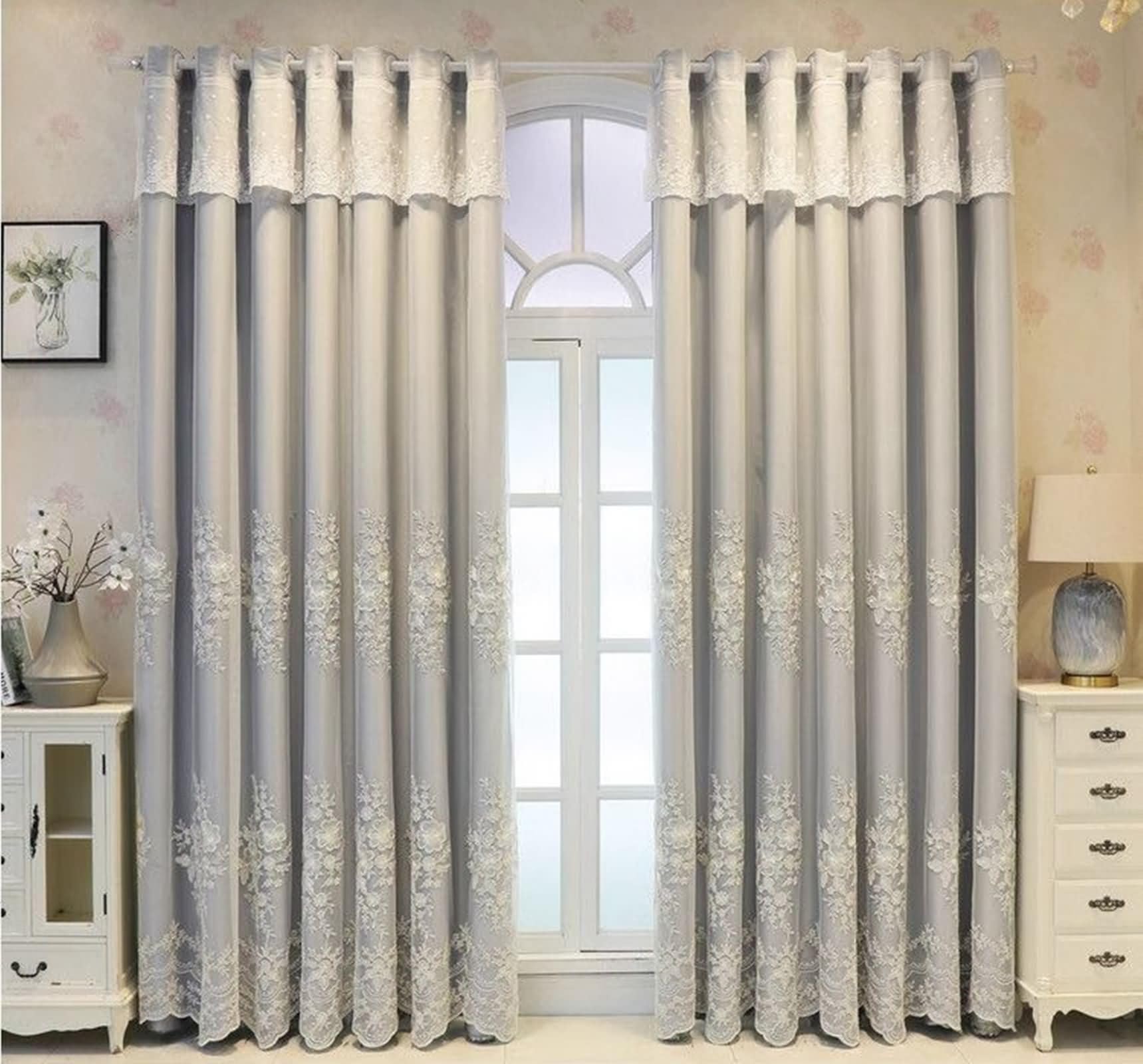 Rideau opaque gris 96x214 dentelle broderie rideaux chambre fenêtre KnSam 2 pièces