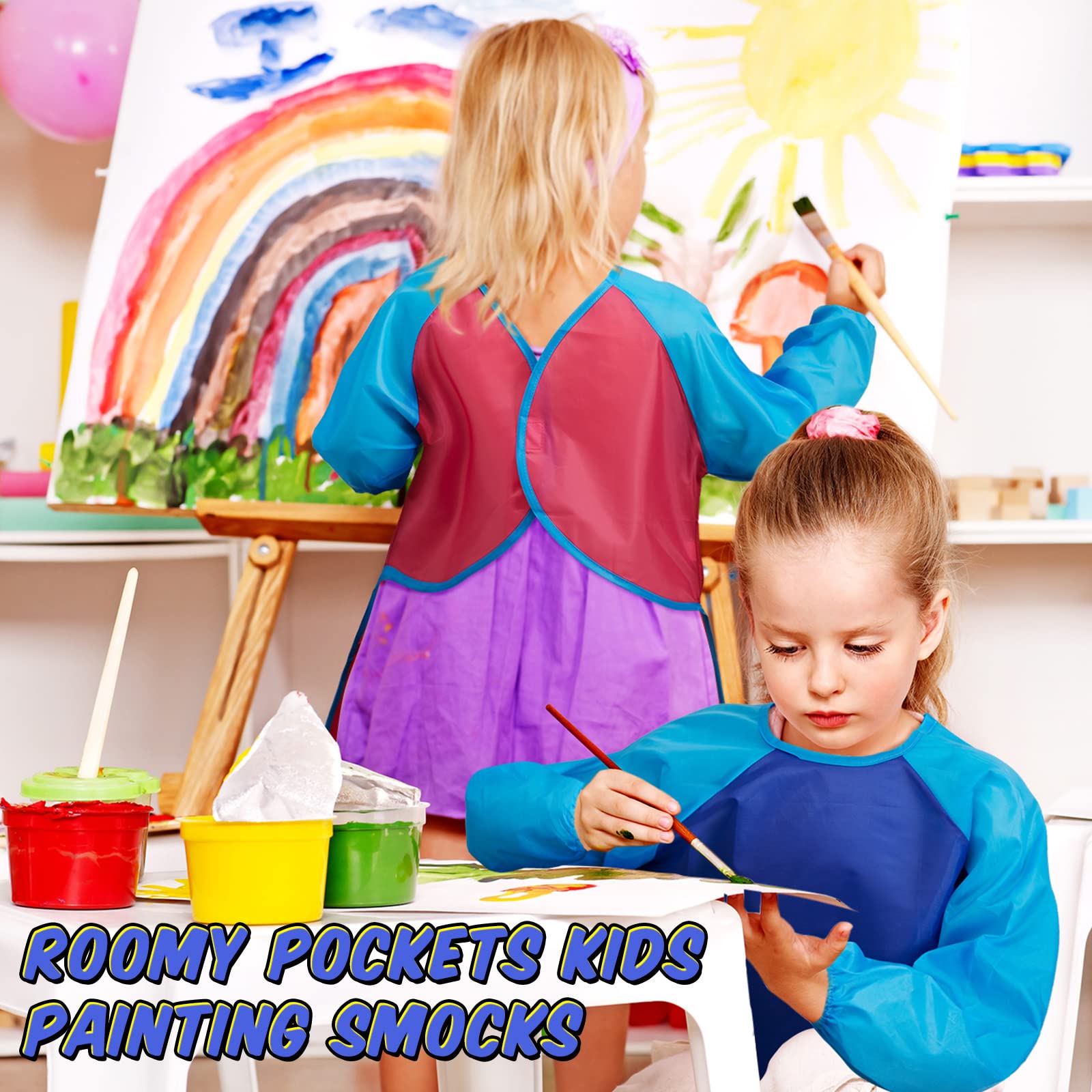 Yahenda 18 Stück Kinder Kunstkittel Wasserdicht Malerei Kunst Kittel für Kinder mit langen Ärmeln 3 Taschen Kleinkind Schürze für 2–8 Jahre, Rosenrot, Dunkelblau, Gelb, 23.6 x 17.3 inches