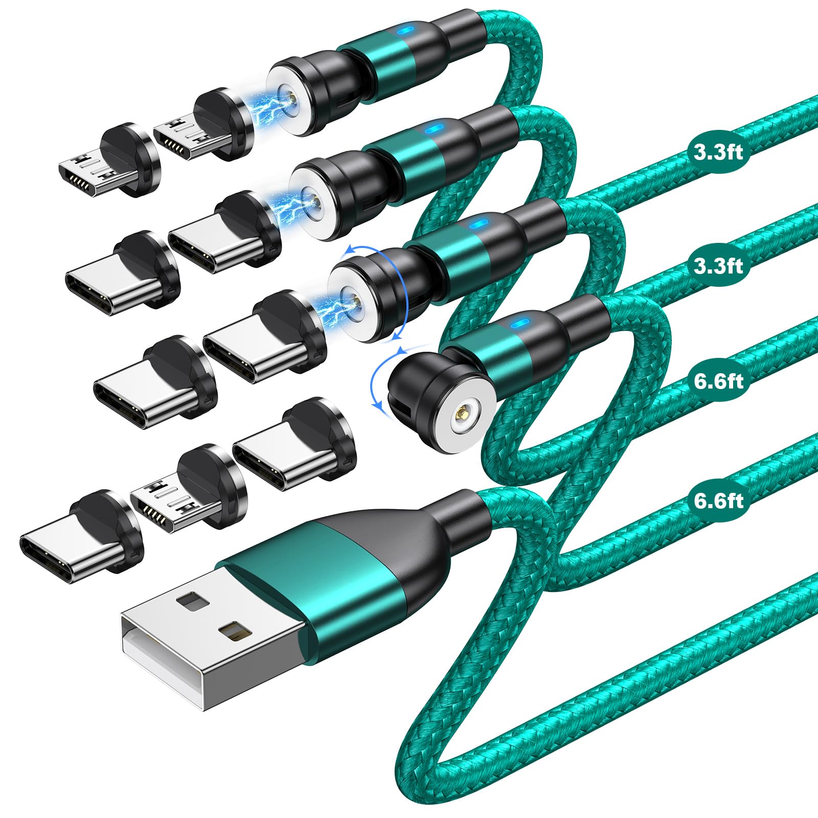 Magnetic Charging Cable (4Pack, 3.3ft/3.3ft/6.6ft/6.6ft)/360°&180° Rotating Magnetic USB C Charging Cable with LED/Magnetic Charger Cable/Magnetic Phone Charger Cord-Nylon Braided for More Devices