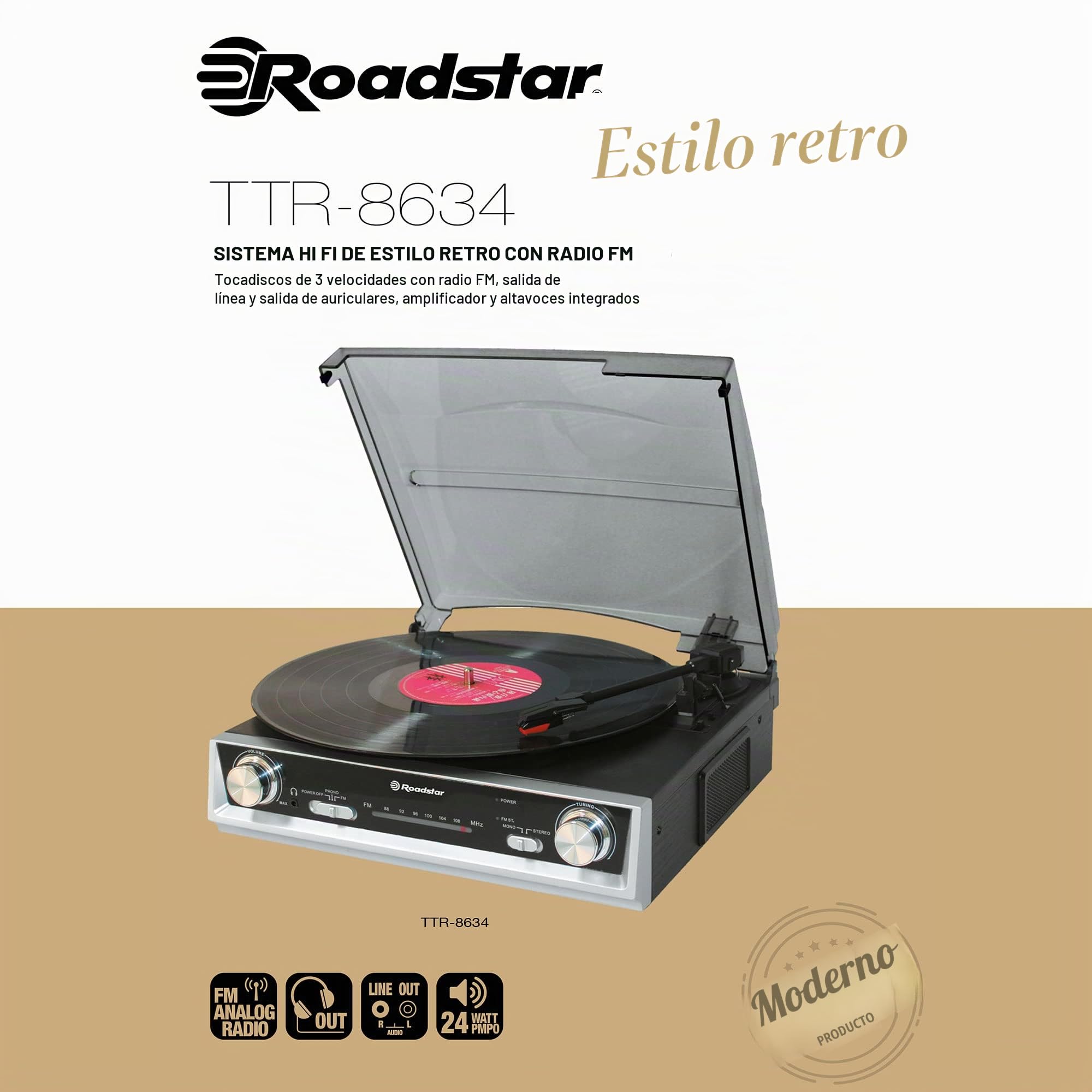 Roadstar TTR-8634 Tocadiscos de Vinilo 33/45/78 rpm, Radio FM Analógica, Altavoces Integrados, Salida RCA, Conexión para Auriculares, Negro