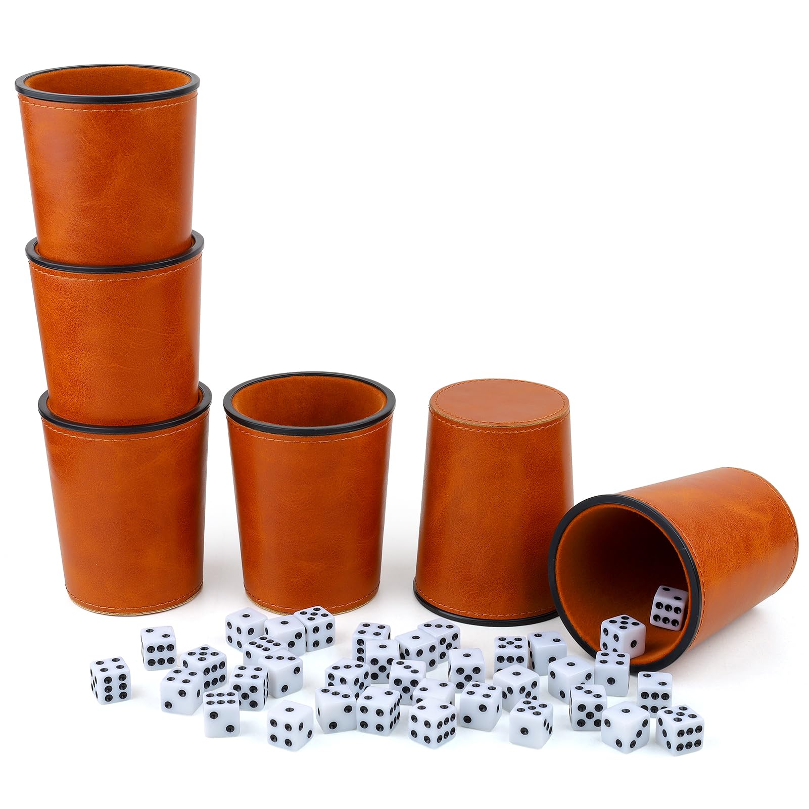 RERIVER Felt-Lined Leather Dice Cup Set, 6 Quiet Dice Shaker Cups with 30 Dices for Bar Party Yahtzee Farkle Dice Games, Brown