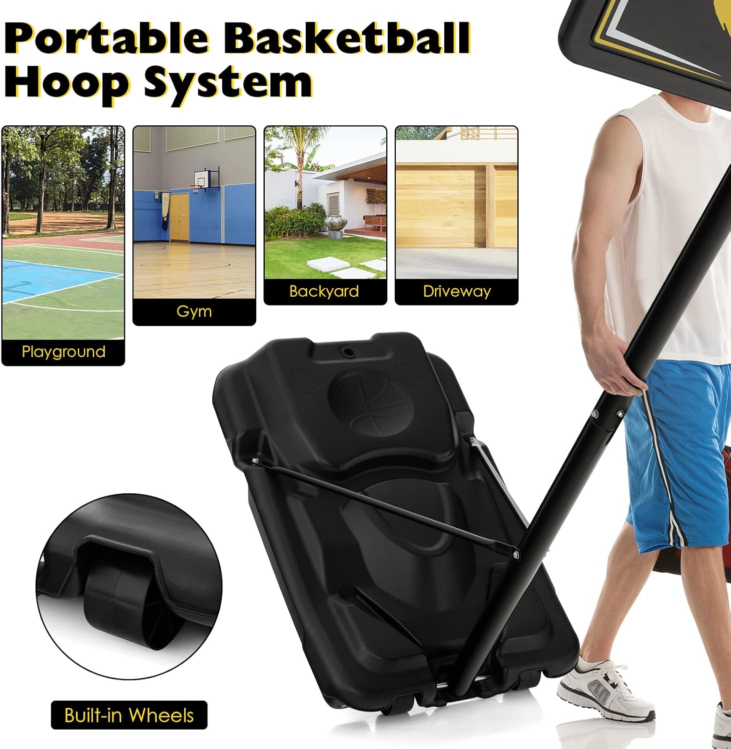 Goplus Portable Basketball Hoop Outdoor Indoor, 4.25-10FT 12-Level Adjustable Basketball Goal w/ 44’’ Shatterproof Backboard, Fillable Base, Basketball Stand System for Youth Adults
