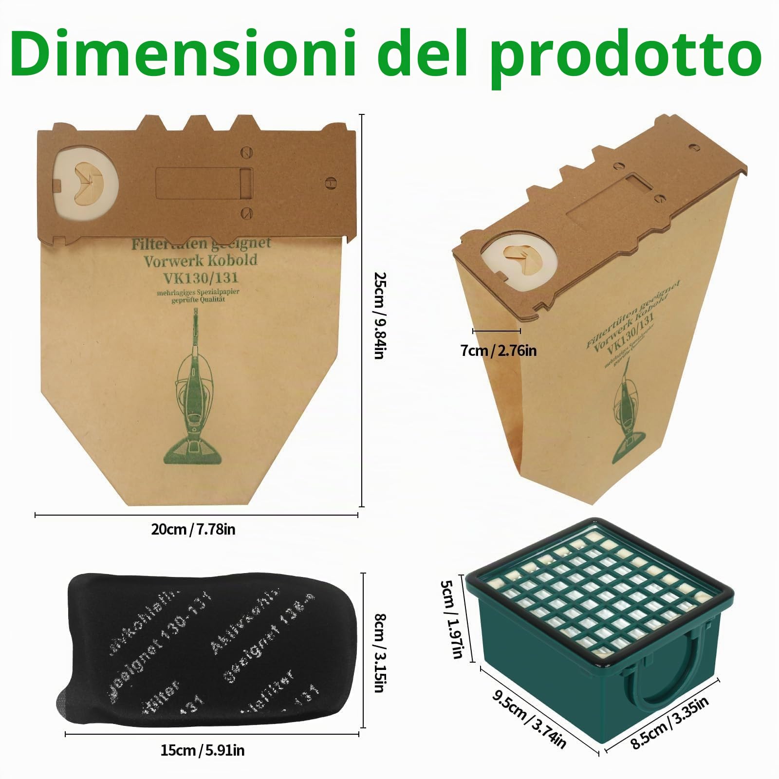 20 Sacchetti per Folletto VK130 VK131 VK131s con 2 Filtre Motore e 1 Filtri Hepa per Aspirapolvere Vorwerk