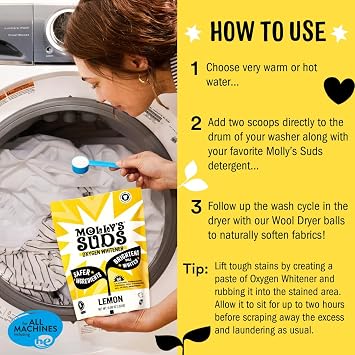 Molly's Suds Original Laundry Detergent Powder Unscented 70 load, Oxygen Whitener 41 oz, and (6) Wool Dryer Balls