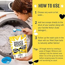 Molly\'s Suds Oxygen Whitener | Powerful Bleach Alternative, Chlorine Free & Color Safe | Brightens Whites and Removes Stains (Pure Lemon Essential Oil - 158 oz)