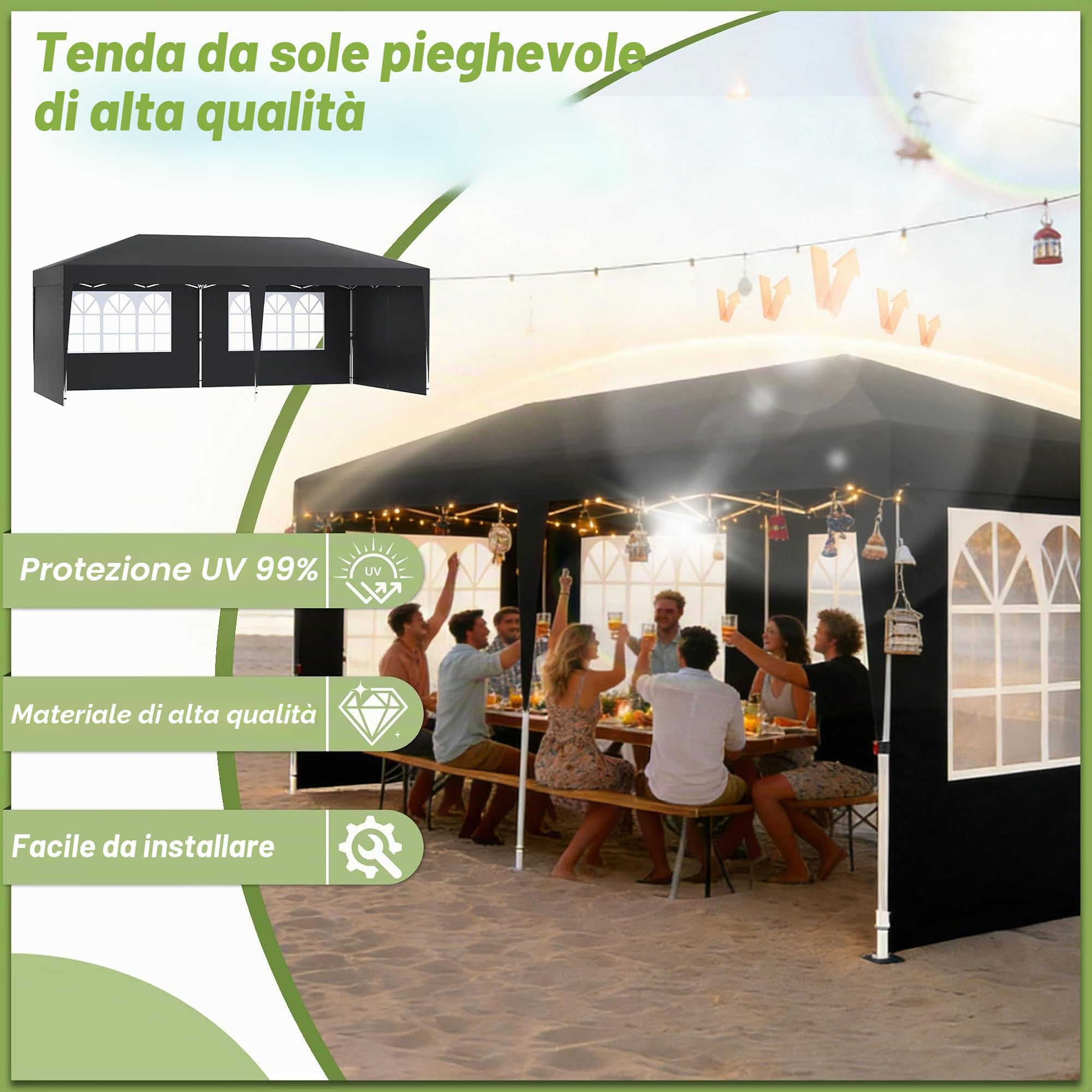 Aufun Gazebo pieghevole, 3 x 6 m, impermeabile, stabile, protezione UV con 6 pareti laterali, altezza regolabile, pop-up, tenda da giardino, gazebo da campeggio, per feste, festival, matrimoni, colore