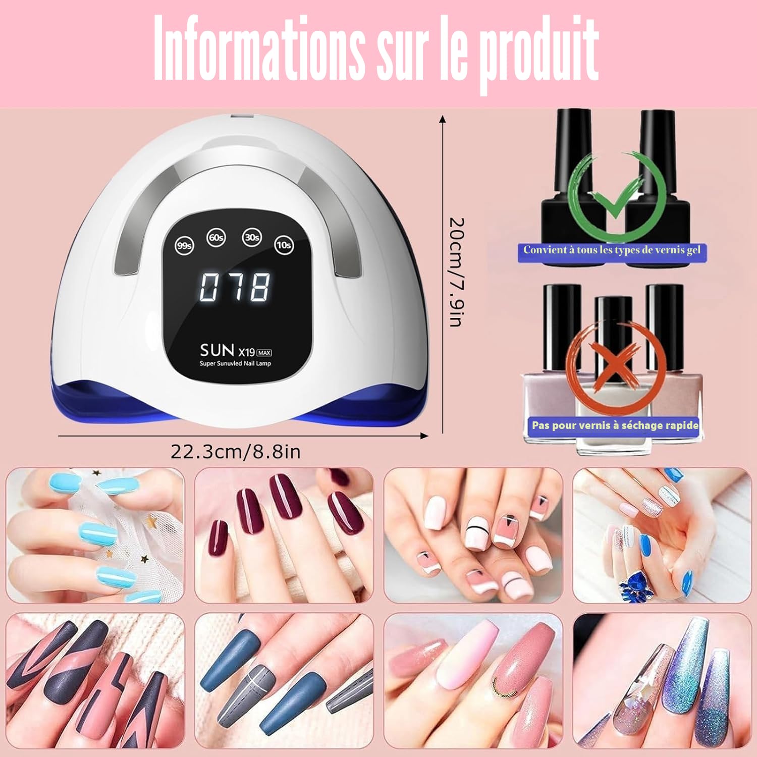 Lampe UV LED 320 W, séchage rapide des ongles avec 72 perles LED, écran tactile LCD, 4 réglages de minuterie, capteur automatique, protection haute température