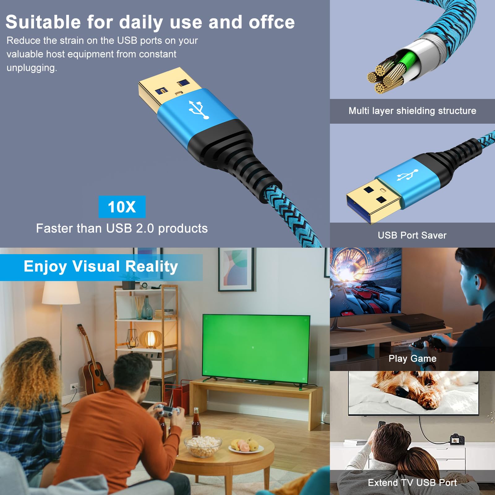 USB-Verlängerungskabel, 3 m, 2 Stück, USB 3.0-Verlängerungskabel, Typ A Stecker auf Buchse, USB-Extender, High-Speed-Datenübertragung, Verlängerungskabel für Tastatur, Maus, Playstation, Webcam