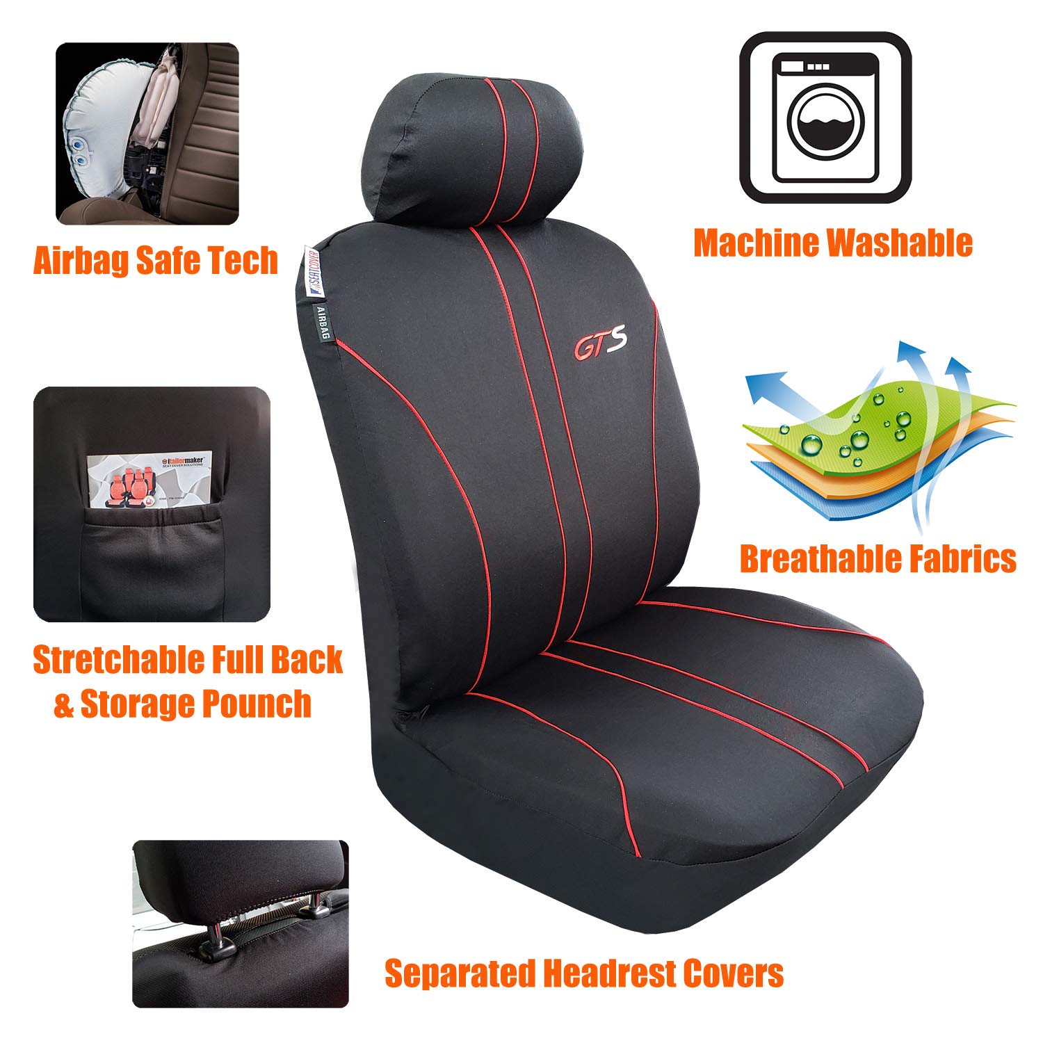 iSEATCOVER Black Poly Cotton Seat Covers Full Set for Cars Trucks SUVs, Airbag Compatible, Opening Holes for Headrests