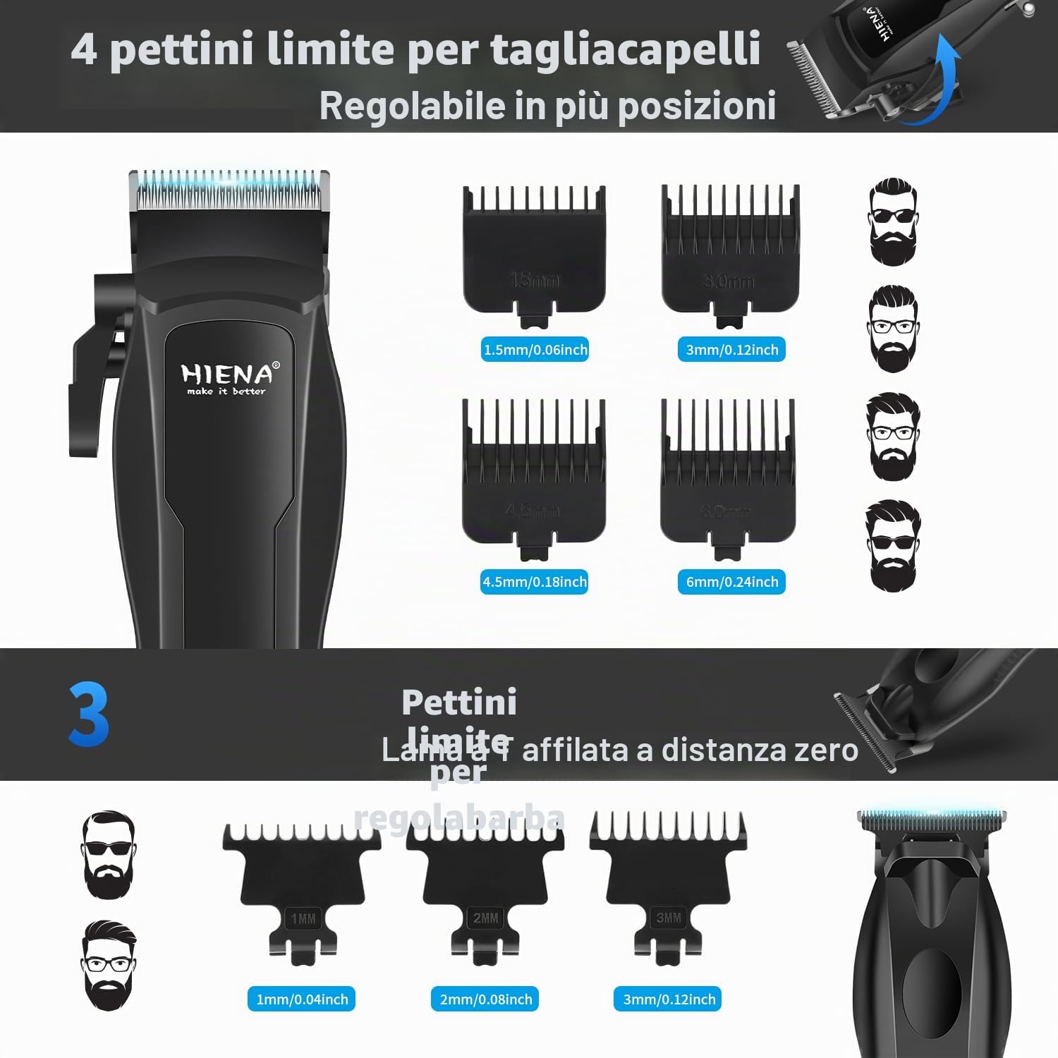 HIENA PRO Tagliacapelli Uomo Professionale, Macchinetta per Capelli Senza Fili, Regolabarba, Rasoio a Lamina, Tagliapeli Naso, Kit Completo per Rasatura e Taglio di Capelli Elettrico