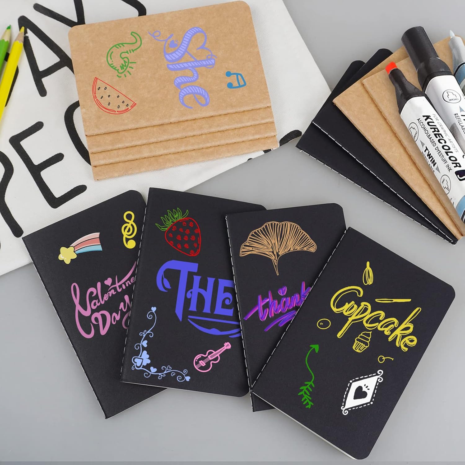 Gwybkq Mini taccuini, confezione da 60 piccoli quaderni tascabili in carta kraft marrone e nero, per bambini, 8,9 x 14,9 cm, 30 fogli/60 pagine