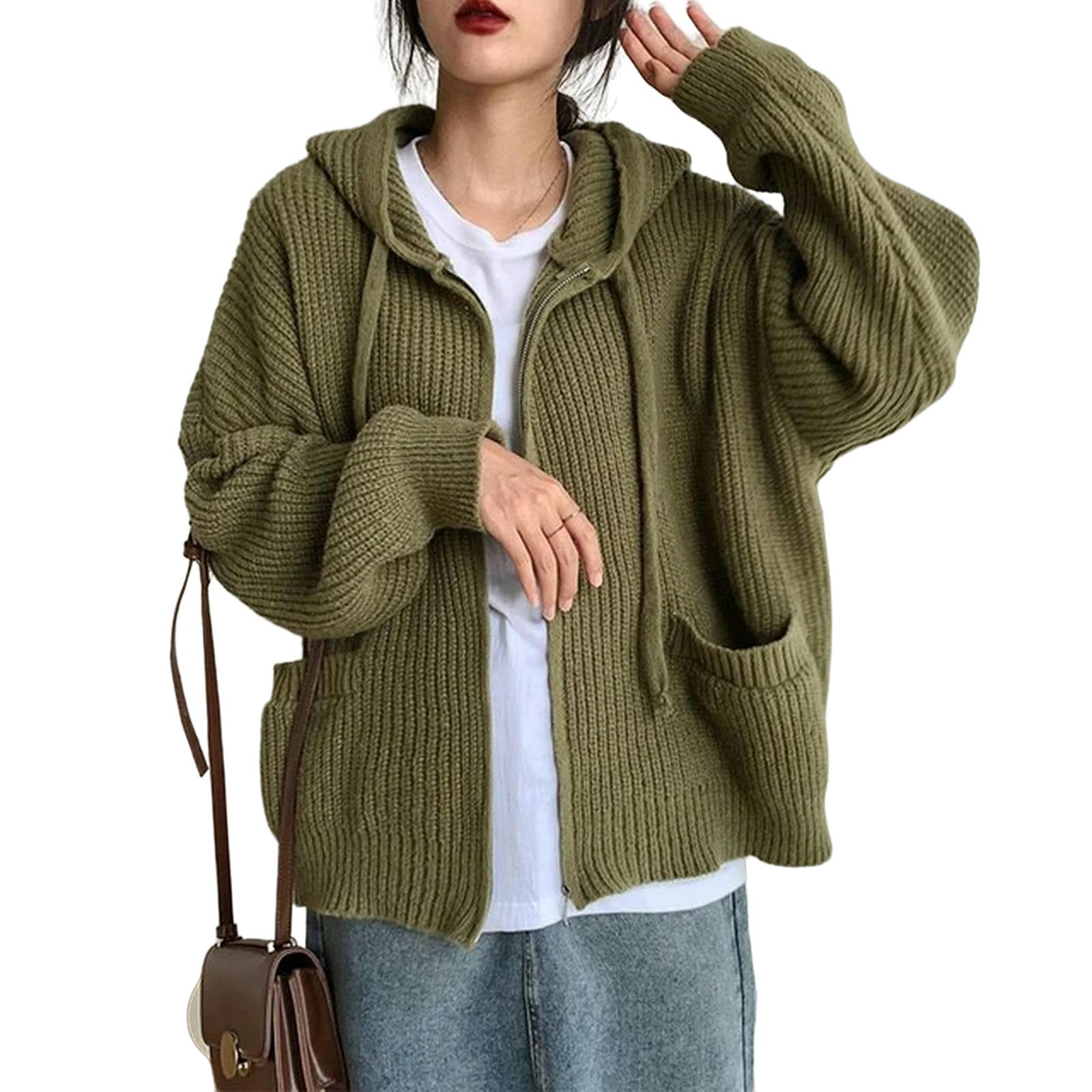 Sweter dla kobiet retro swetry z kapturem damski jednolity kolor dzianinowy sweter luźny swobodny kardigan płaszcz damski jesień zima