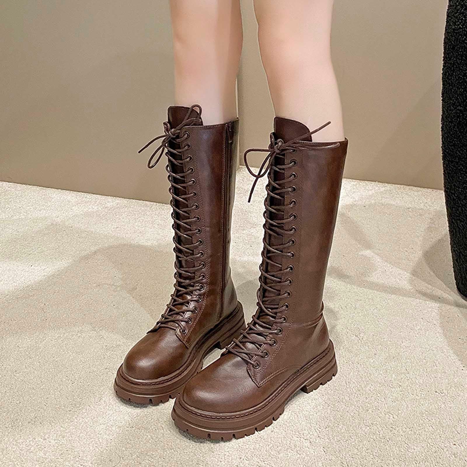 Botas altas hasta la pantorrilla Botines de invierno de moda con cordones Botines cómodos de plataforma con tacón grueso Botas casuales de tobillo
