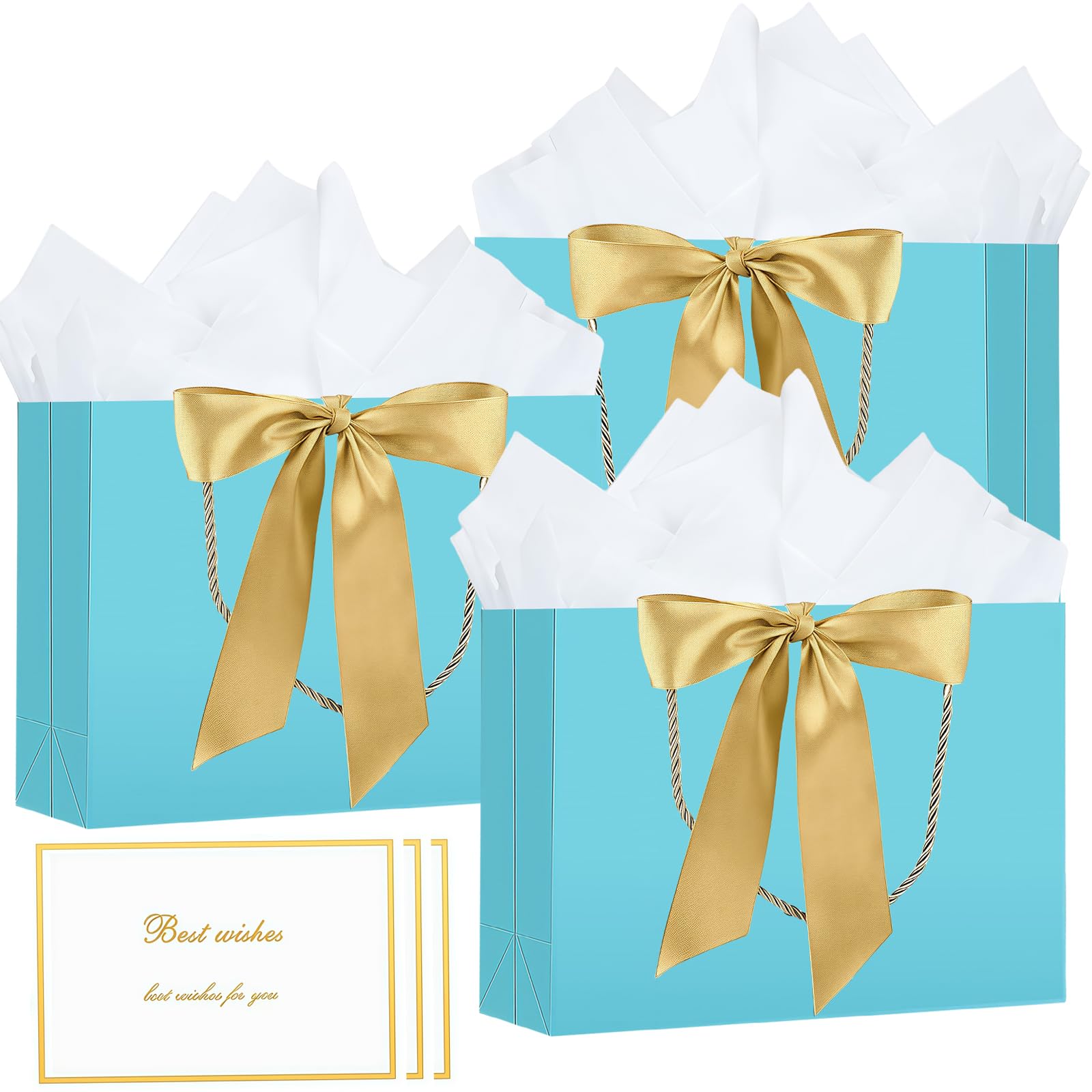 Gift Bags with Handles, 3 Packs Medium Paper Present Bags, Includes 6 Tissue Paper and 3 Greeting Cards for Kids Adult Men Women's Birthday, Wedding, Valentines, Bridesmaid Party(Tiffany Blue - 3pcs)
