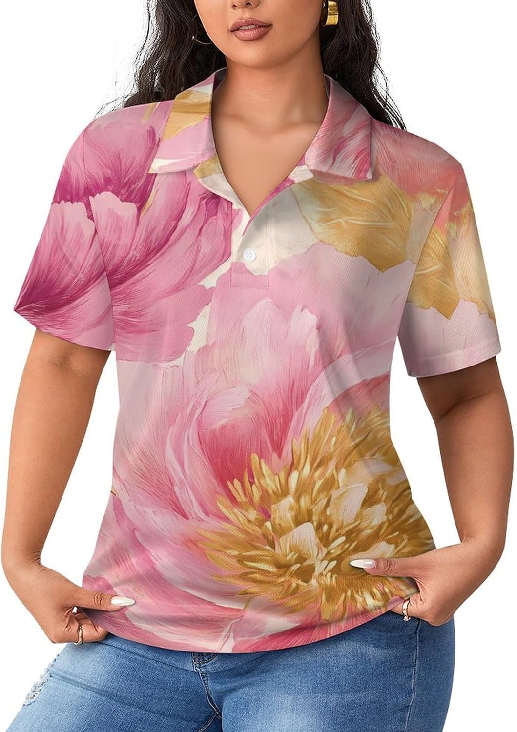Peonies Flower Women's Golf Polo Shirts Short Sleeve Quick Dry Tennis Tops Casual Work Blouses