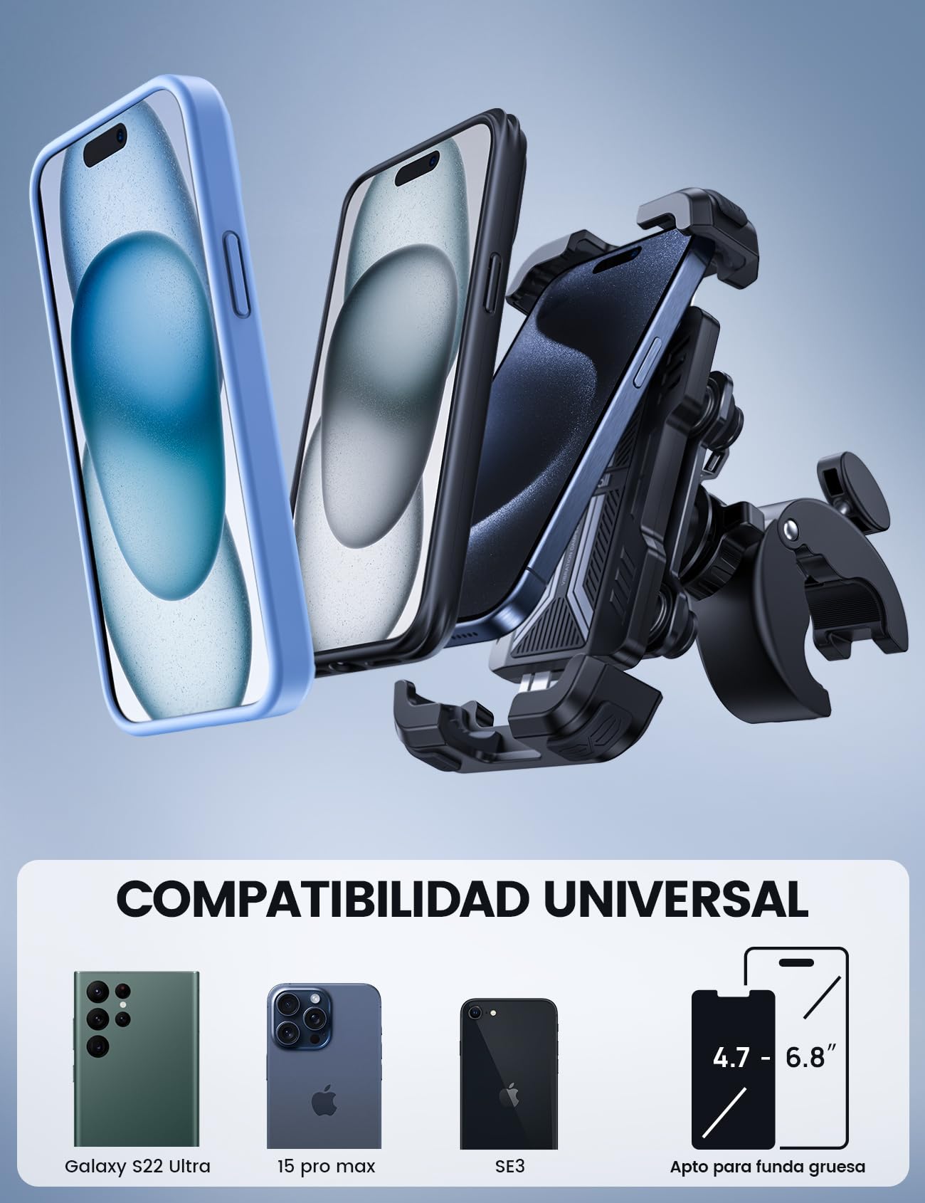 Lamicall Soporte Móvil Moto Antivibración - [con Doble Amortiguador] 360°Rotación, 1S Liberación con un Botón, Soporte Teléfono Bicicleta para iPhone 17 16 15 14 13 Series, Huawei, 4,7-6,8” Smartphone