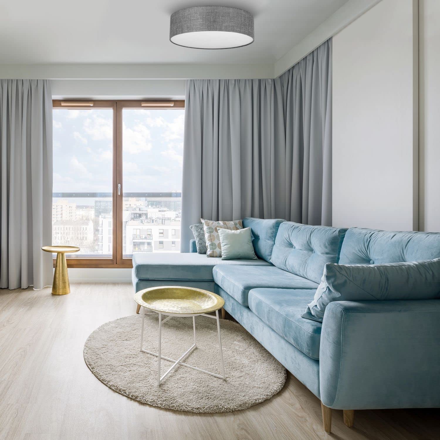 Licht-Erlebnisse Deckenlampe rund flach Ø 60 cm Grau blendarm Stoffschirm 4x E27 Deckenleuchte Schlafzimmer Wohnzimmer
