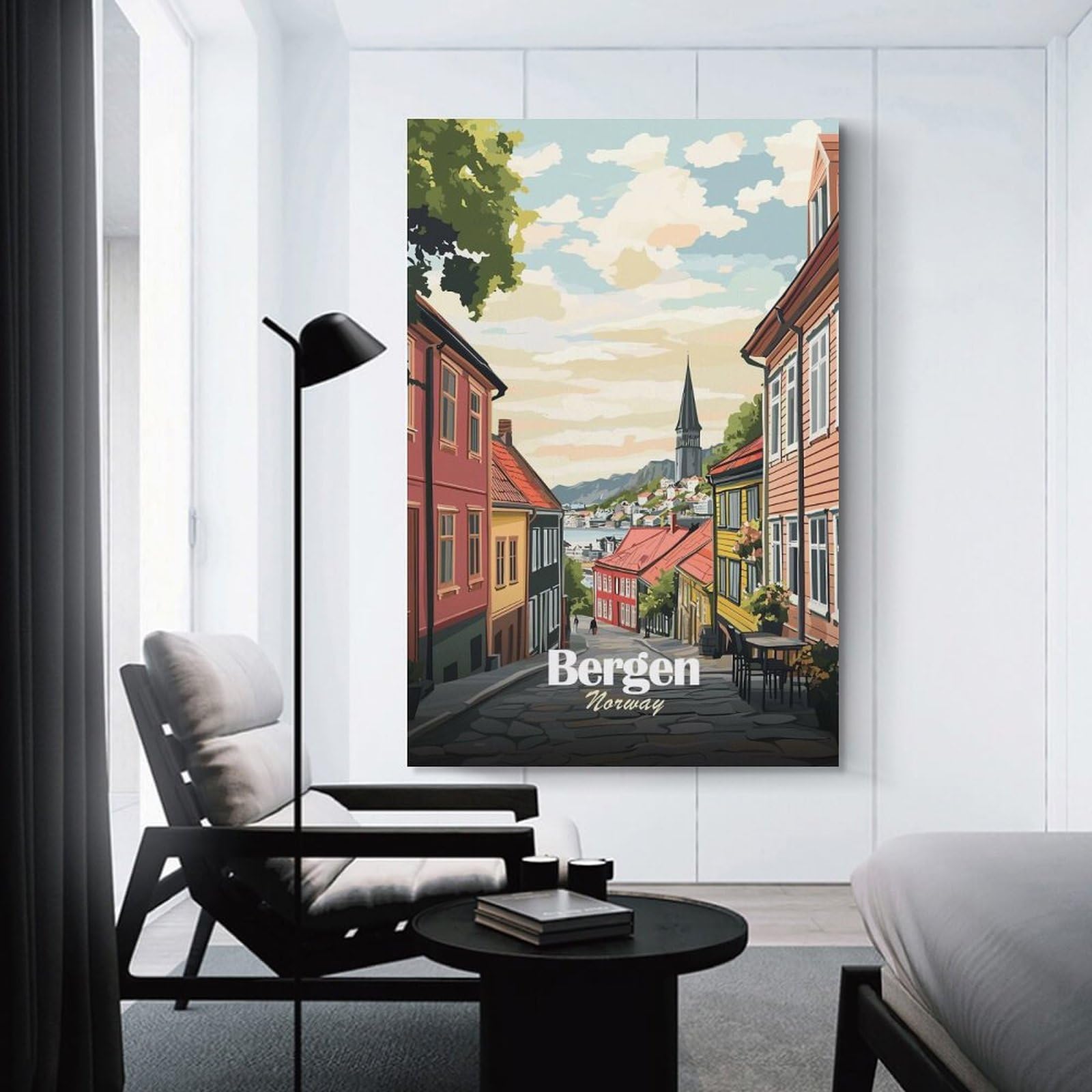 Junmoney Bergen, Norway Street View Illustration Wall Art Print 16x24inch(40x60cm), for Hallway, Entryway Or Landing, Wall Decor to Refresh Empty Corners, for Cosy Room Updates