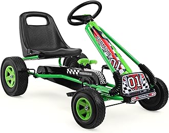 HONEY JOY Go Kart for Kids, 4 Wheel Quad Off-Road Pedal On Foot Go Cart w/Steering Wheels & Adjustable Seat, 2 Safety Brakes, EVA Rubber Tires, Clutch, Outdoor Racer Ride On Pedal Car (Green)