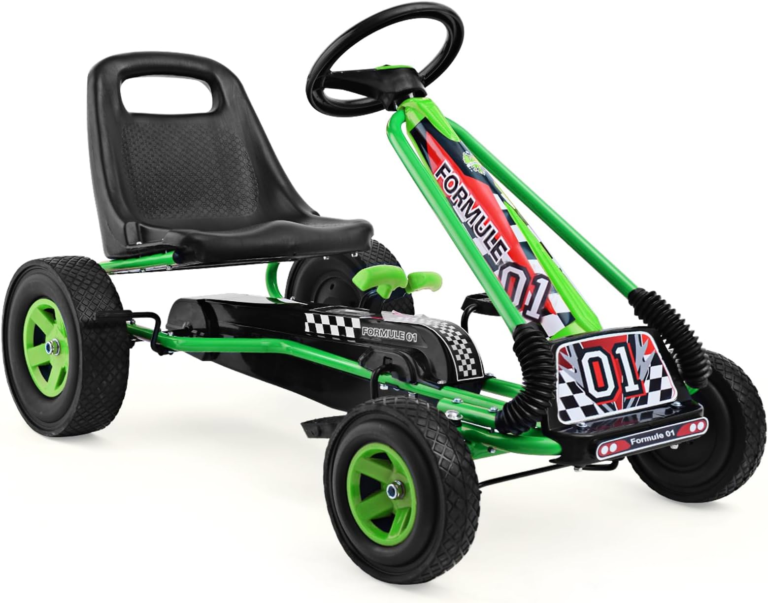HONEY JOY Go Kart for Kids, 4 Wheel Quad Off-Road Pedal On Foot Go Cart w/Steering Wheels & Adjustable Seat, 2 Safety Brakes, EVA Tires, Clutch, Outdoor Racer Ride On Pedal Car (Green)