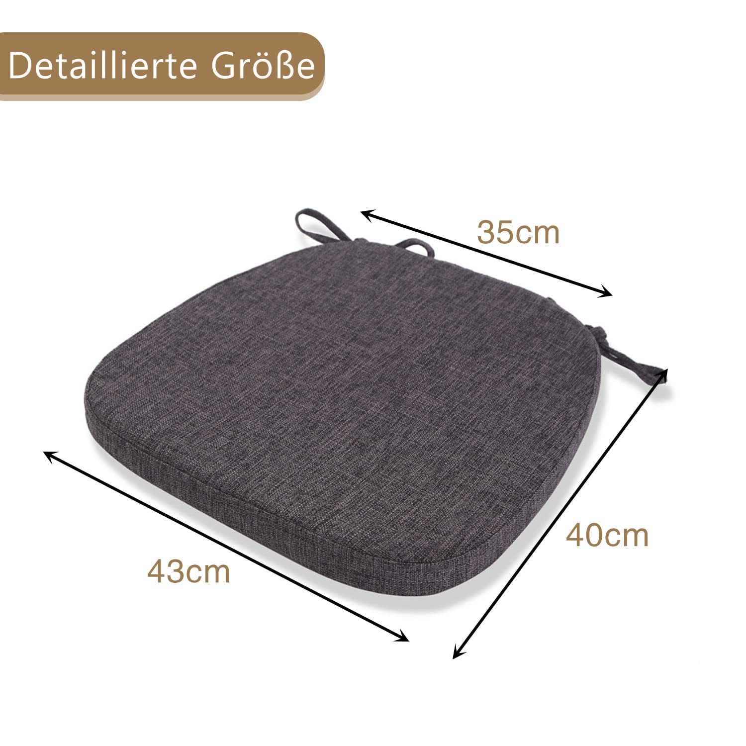 Comodo cuscino per sedia lavabile, con laccetti, antiscivolo, per casa e giardino, diversi colori (43 x 40 x 5 cm, nero)