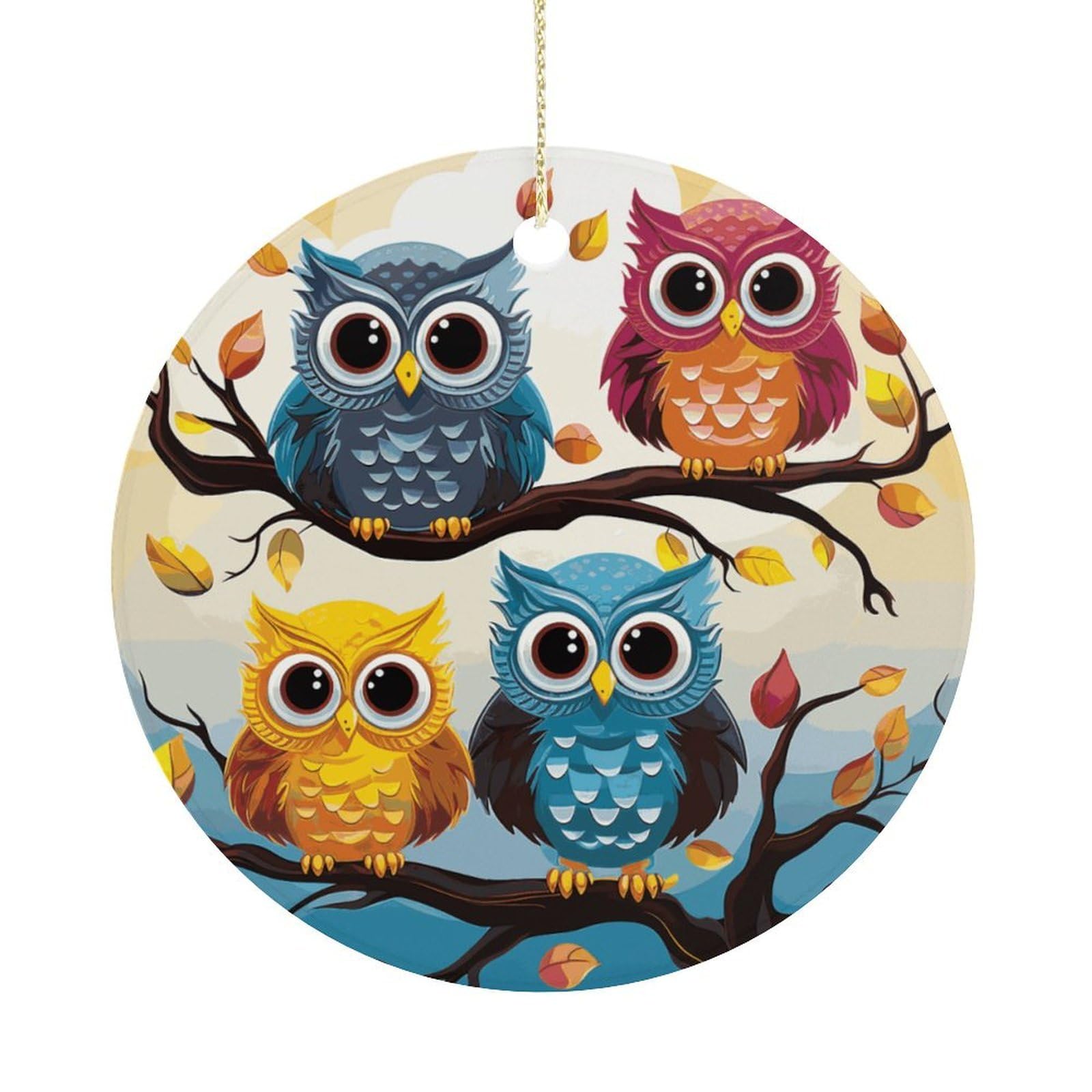 Owls on Tree Branches Christmas Ornaments Colorful Round Ceramic Ornament Christmas Hanging Decor Christmas Tree Decorations Xmas Keepsake for Women Men Xmas Holiday Party