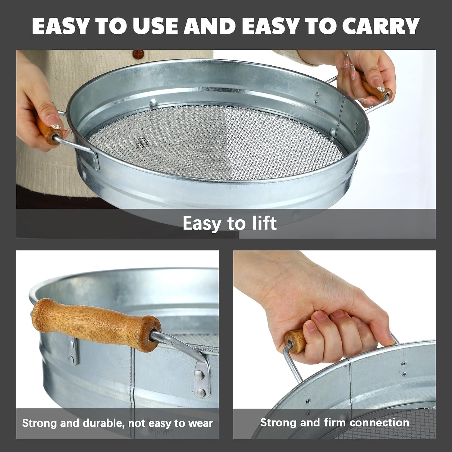 Funnymoom Soil Sifter for Gardening with 1, 3, 6, 9, 12 mm Sieve Mesh Compost Dirt Sifter with Handle Large Garden Sand Soil Rock Sieve 17.7" l x 13.8" W for Sand Rocks Pellet Gravel(Silver)