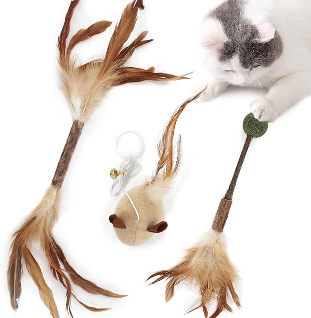 SONGWAY 3 Pcs Cat Feather Toys - Cat Dental Chew Sticks with Plush Cat Toy Mice, Natural Silvervine Sticks with feather for Cats Teeth Cleaning, Cat Catnip Sticks Toys for Indoor Cat Kitten