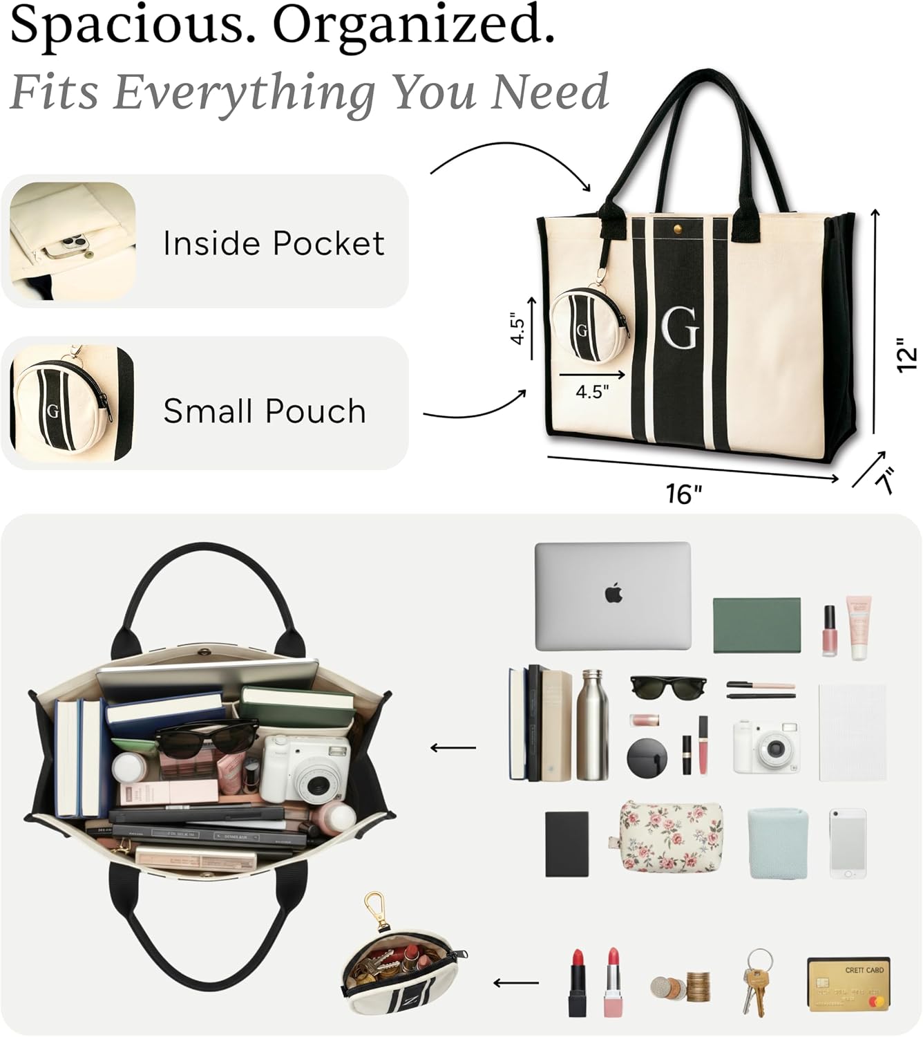 Monogrammed Initial Canvas Tote Bag Personalized Gift for Women, Makeup Bag image 3