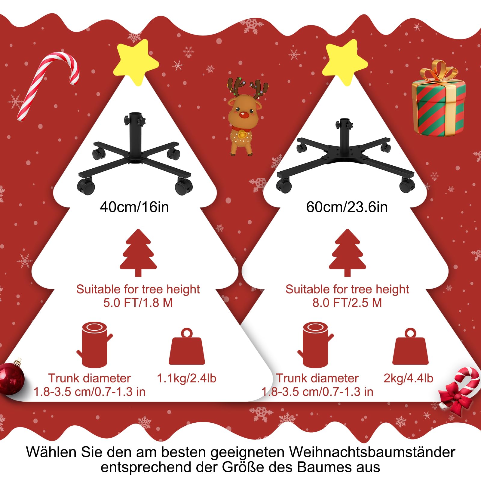 Support de Sapin de Noël avec Roulettes en Caoutchouc ,Pliable,En métal,Base amovible du sapin de Noël,Pour Sapin de Noël Artificiel (40 cm, Ø 2,4 cm)