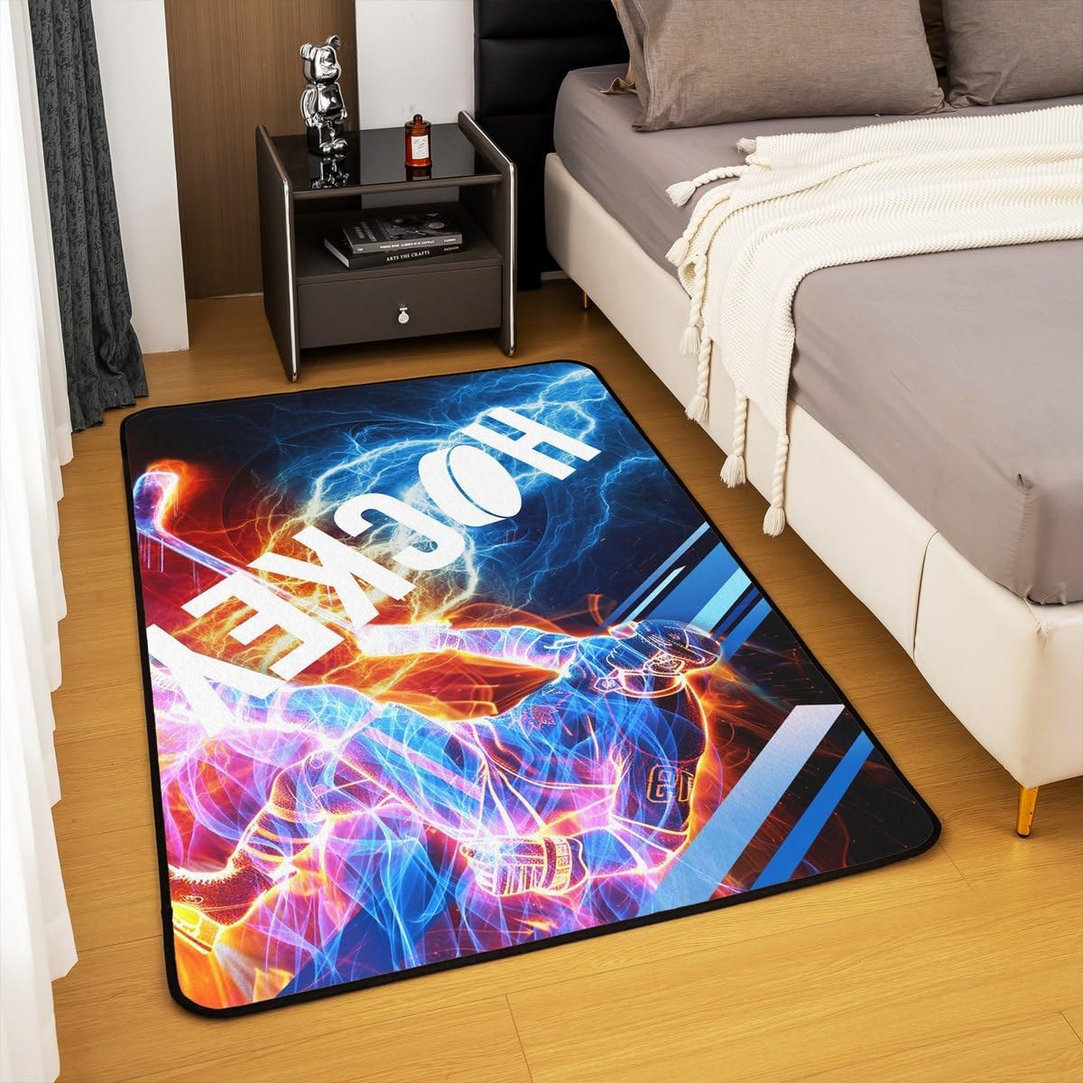 Erosebridal Ice Hockey Area Rug 5x7,Puck Hockey Player Non Slip Rug for Kids Boys Girls Teens,Red Blue Lightening Indoor Floor Mat,Winter Sports Game Carpet Bedroom Living Room Decor for All Season