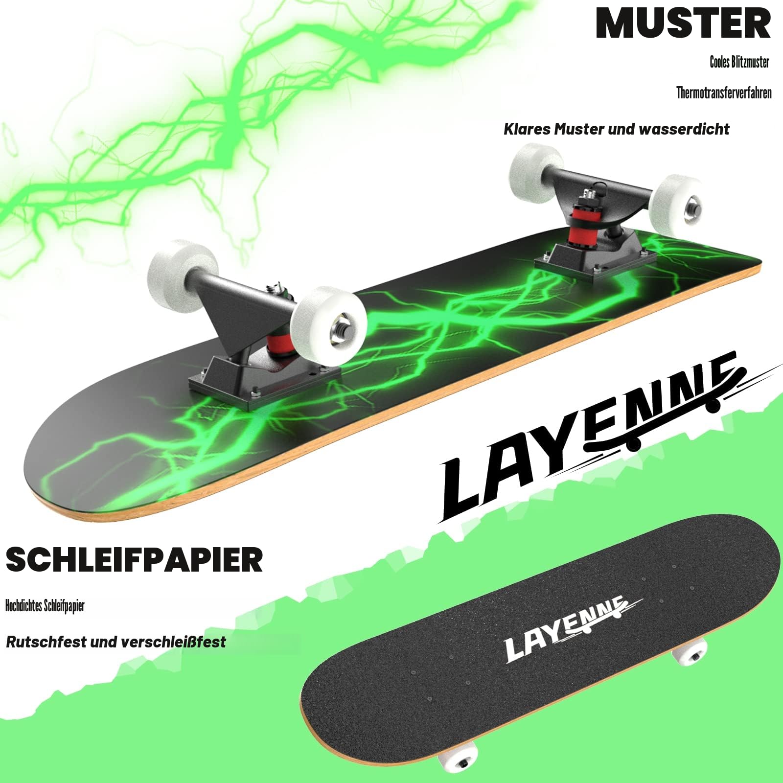 LAYENNE Skateboard, 31 * 8 Zoll Komplettes Skateboard, 7 Schichten Ahorn Skateboard Deck, ABEC-11 Halterung, Geeignet für Erwachsene, Anfänger, Jungen, Mädchen, Jugendliche und Kinder