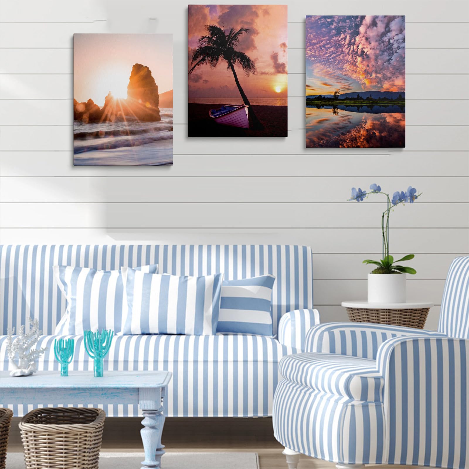 prinfantasy Canvas Wall Art Bathroom Pictures Sunset Paintings Ocean Landscape Wall Pictures Beach Paintings Modern Seascape Artwork for Living Room Office Home Decorations 30x40cm 3Pcs