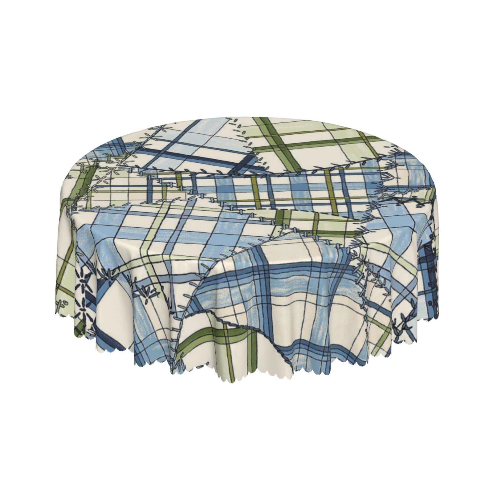Lsjuee Plaid Blue Green Stitching Round Tablecloth 60 Inch Printed Washable Tablecloth for Dining Party Holiday Fall Home Decorative