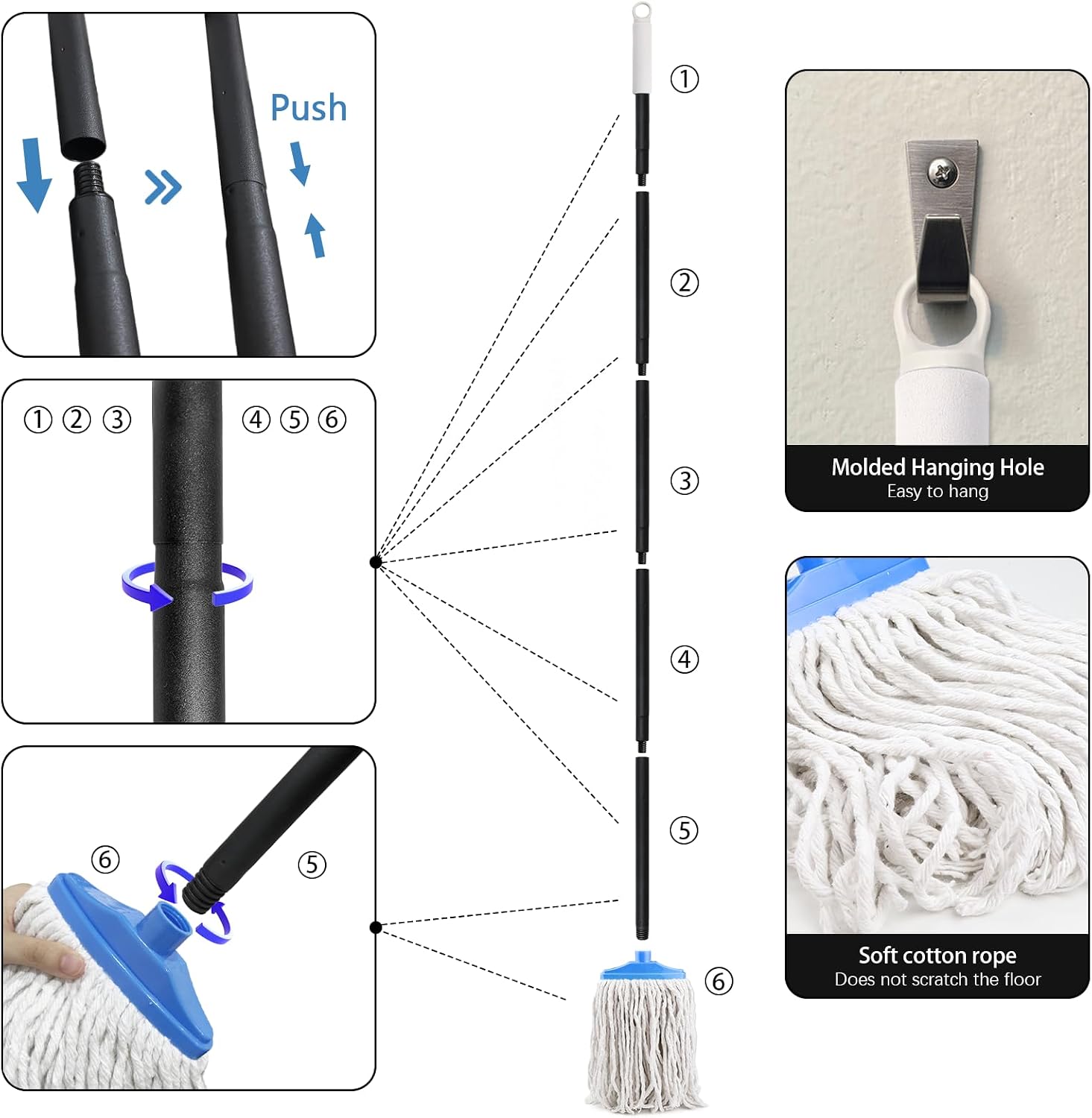 Indoor Cotton Mops for Floor Cleaning - 53.7" Adjustable Iron Handle Regular Mops to Clean Living Room, Kitchen, and Bathroom,Indoor Cleaning Mop for Wood Floors, Tile, Hardwood Floor. (Blue White