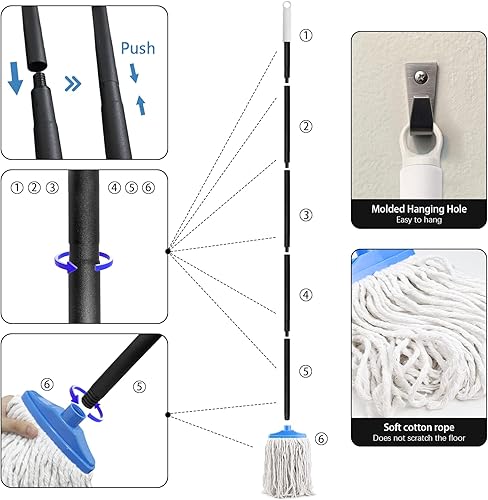 Miniatura 7 de Trapeadores de hilo de algodón para limpieza de suelos, trapeador de limpieza para suelos de madera, azulejos, suelos de madera dura, mango de