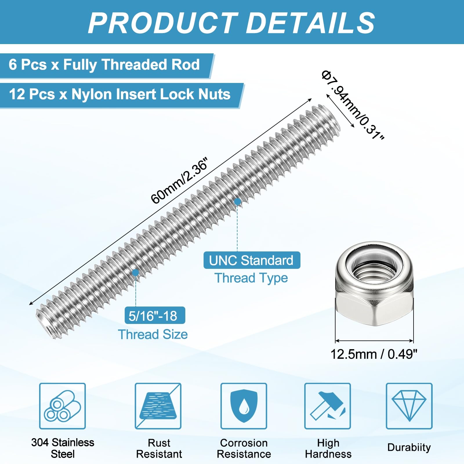 PATIKIL 6Pcs 5/16"-18x60mm Threaded Rods with Hex Nuts - Image 2